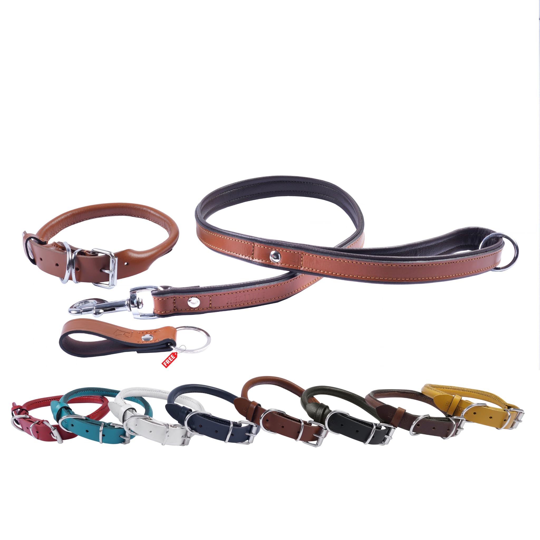REDLUXEPremium round bridle leathet dog collar and padded leather lead with free leather keyring adjustable dog collar heavy duty training lead for small medium and large dogs Ten (L)