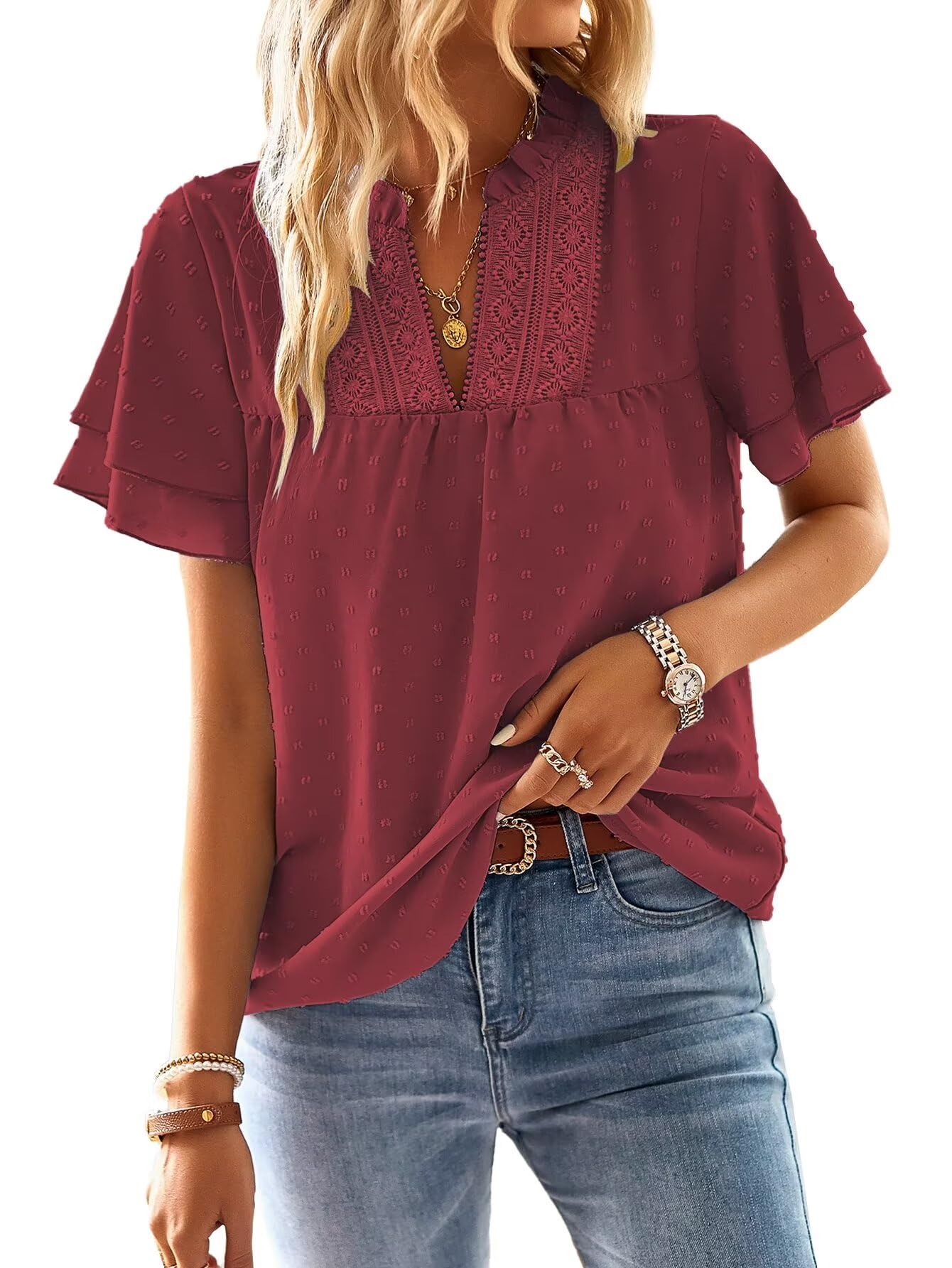 Falechay Womens Tops Boho Flowy Shirts Dressy Casual Short Sleeve Blouses | V Neck Loose Fit Blouses, Business Work, Hide Tummy, Lace Ladies Summer Outfits, Swiss Dot, Babydoll Crochet Clothes XS-6XL