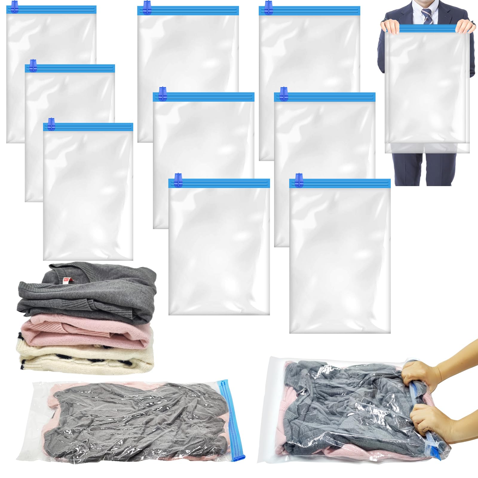Bolsas de Vacío para Ropa, 10 uds para Viaje, 3 Tamaños, sin Bomba