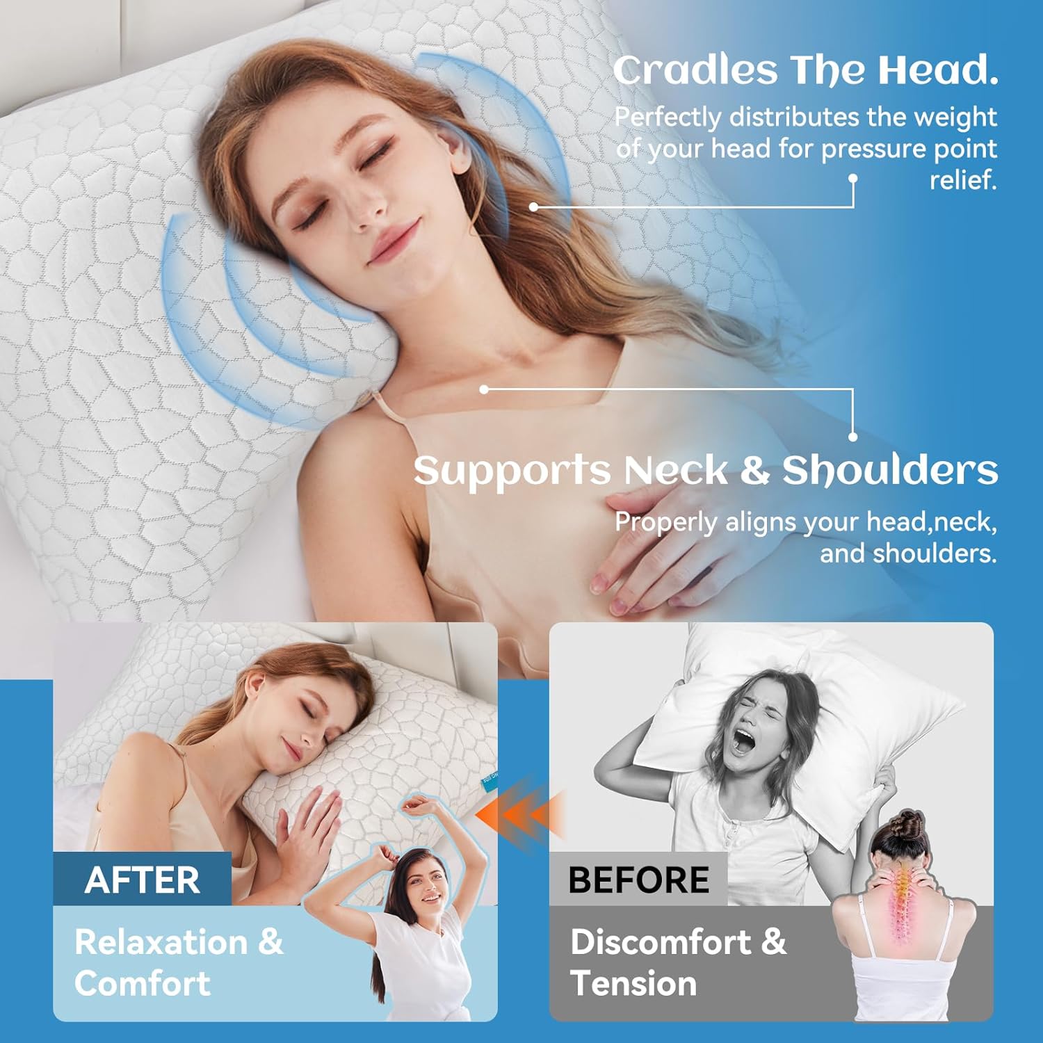 Side Sleeper Pillows for Adults 2 Pack, Cervical Pillow for Side Sleepers, Cooling Pillow with Ergonomic Design, Adjustable Crescent Shredded Memory Foam Pillows for Neck and Shoulder Pain Relief - Image 5