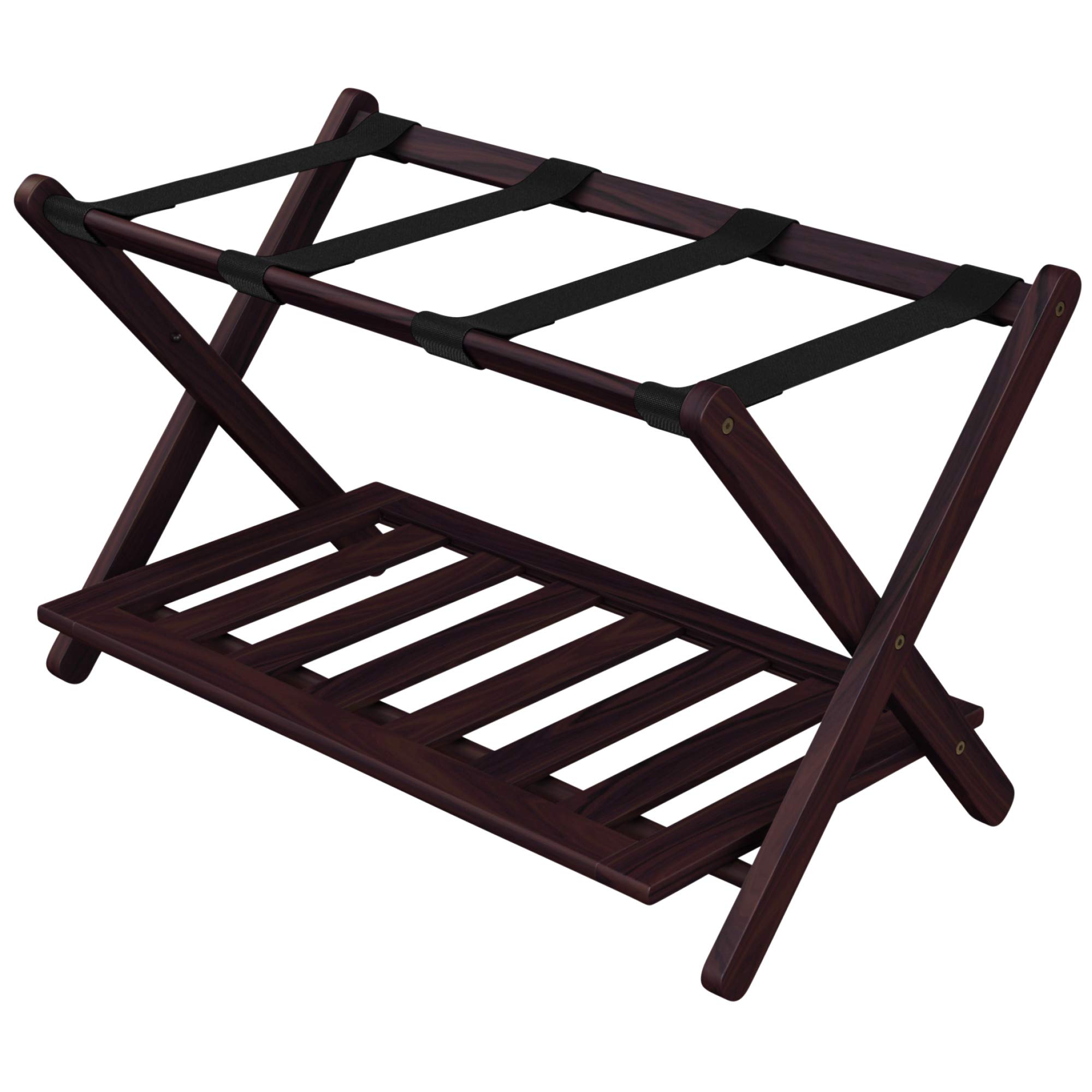 Folding Luggage Rack | Espresso Wood Finish, 27x16x22 Inches | Perfect for guest room with Extra Shelf Storage | Suitable for Luggage, Suitcase and Shoes