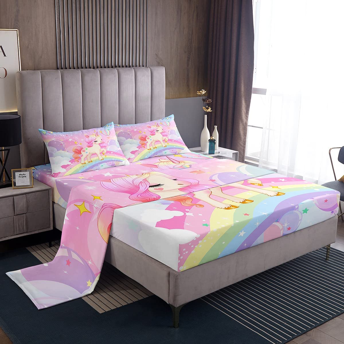 Feelyou Unicorn Girls Bedding Set Twin Kawaii Cute Rainbow Unicorn Bed Sheets Cartoon Horse Sheet Set Kids Children Galaxy Stars Magical Pink Unicorn Animal Room Decor 1 Sheet +1 Pillowcase