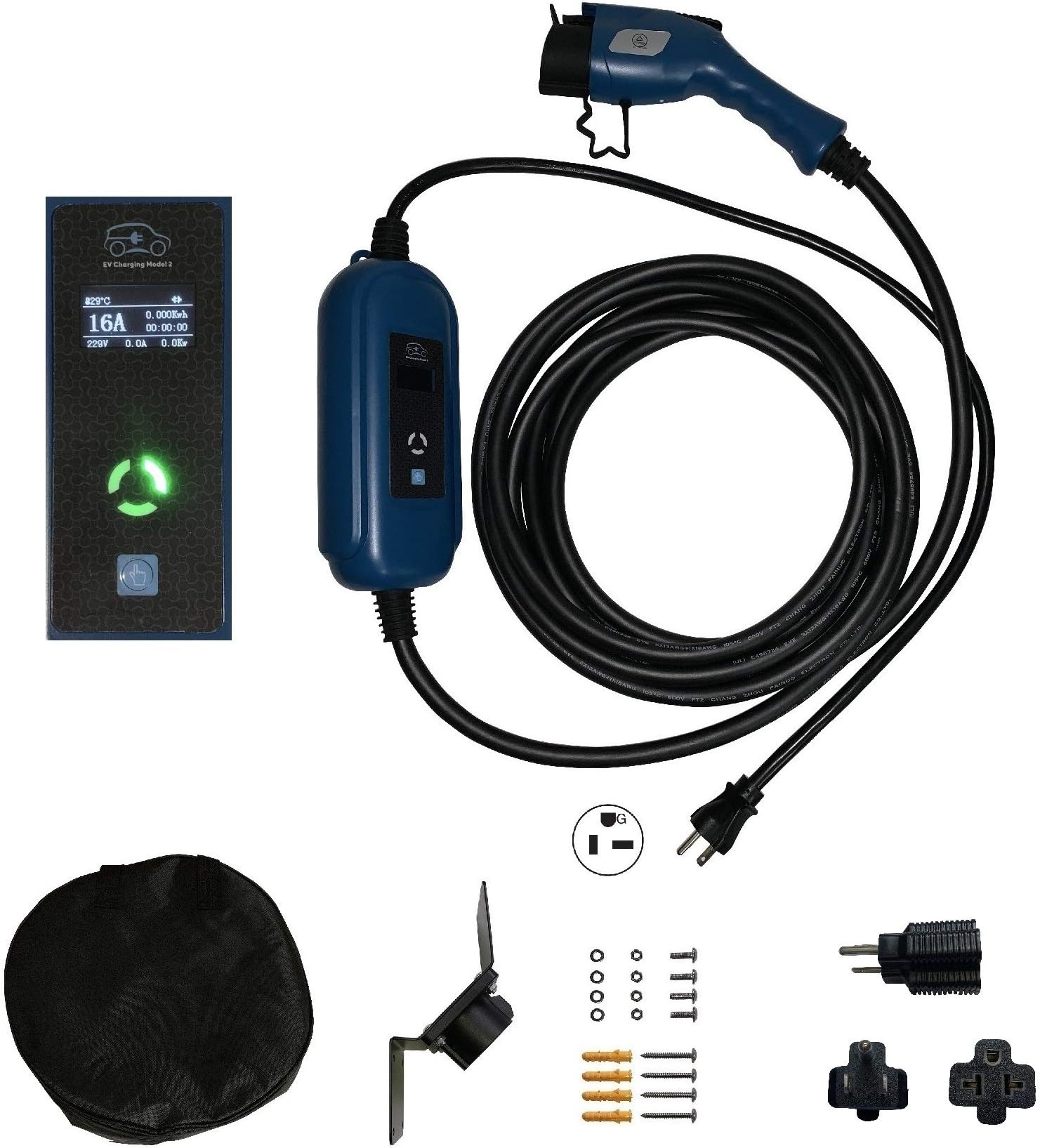 ONETAK EV Charger Level 2 EVSE PHEV LCD Screen 100-240V 16A/13A/10A/8A Adjustable 25ft 7.62 Meters Cord SAE J1772 NEMA 6-20P Plug Electric Vehicle Car Charger