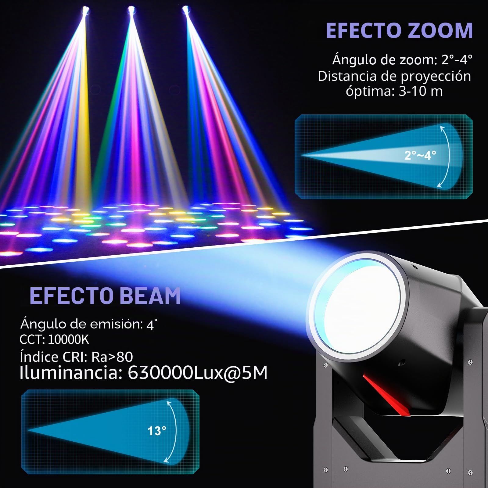2PCS Cabeza Movil LED 380W Luz de escenario RGBW Beam 14 Gobos 15 Colores DMX Luces para Discoteca DJ Fiestas Bar Iluminación