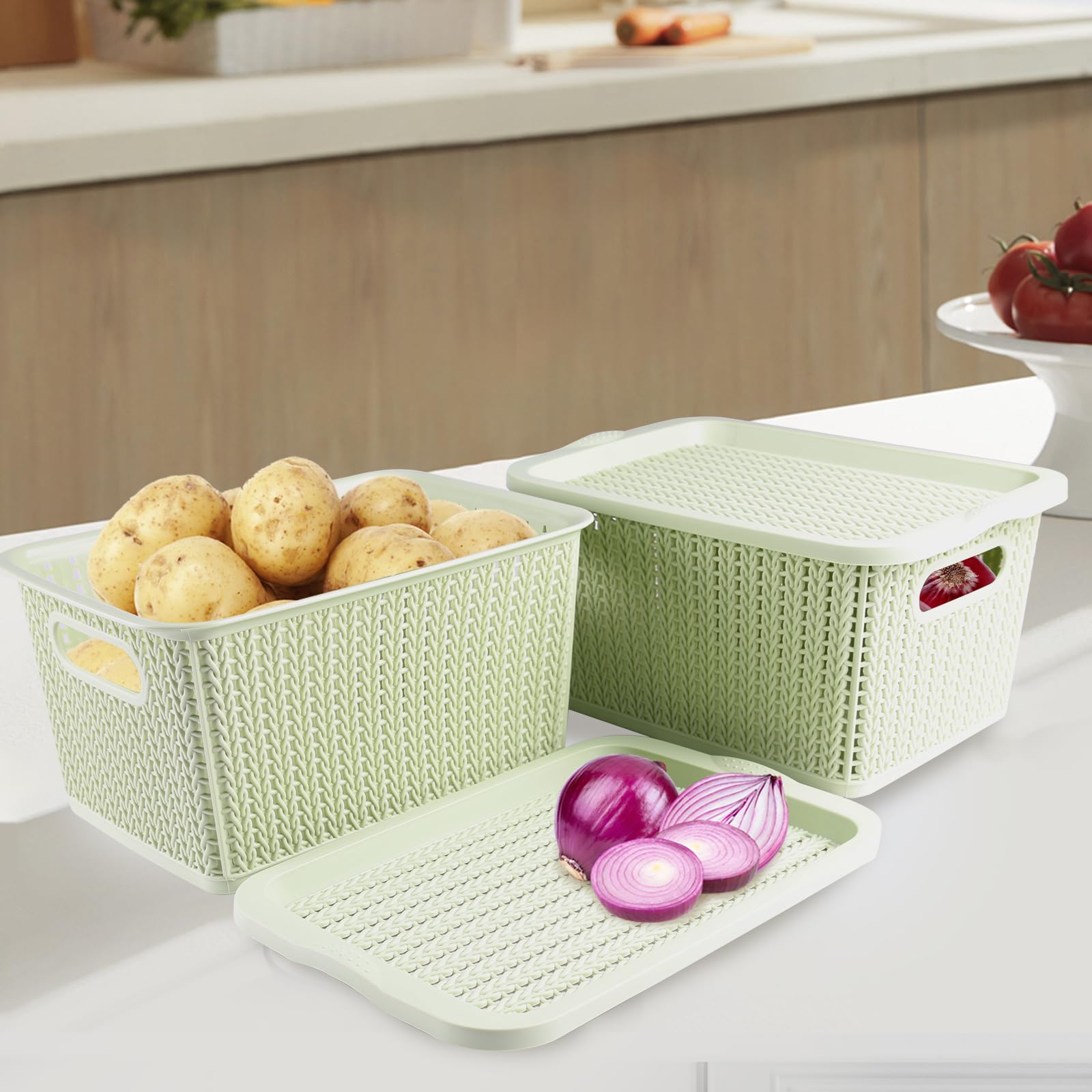 Lot de bacs de rangement empilables en plastique avec couvercles, sans BPA, paniers de rangement pour pommes de terre et oignons pour cuisine, comptoir, plus de paniers de rangement pour
