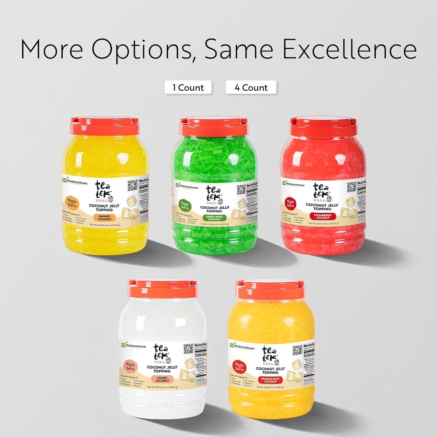 Tea Tek 8.8 Pound Coconut Jelly 4 Count Lychee Coconut Boba Jelly Jars - No Cooking Required, For Various Beverages, Edible Topping For Bubble Tea, Smoothies