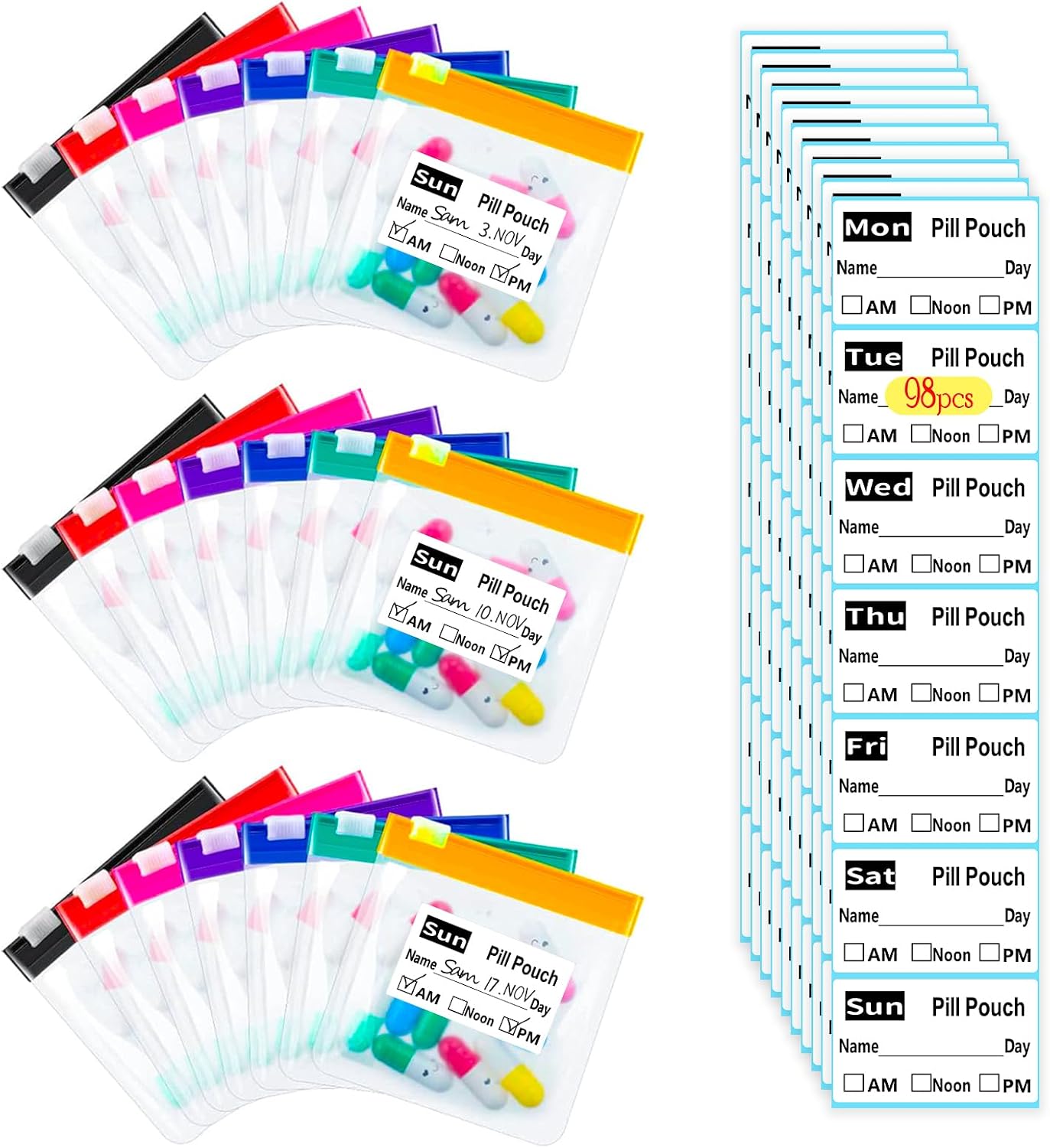 Reusable Travel Pill Organizer with 98 Labels - Leakproof Silicone Seal & Transparent Zippered Bags, Compact 3x3 Inch Medication Travel Case for Daily Pills, EVA Material, 7 Colors (21 PCS)
