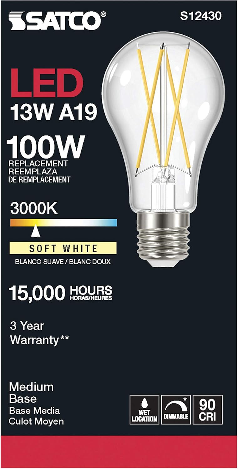 Satco 6 Pack Dimmable LED Filament Light Bulbs, 12.5 Watt, A19, Clear, E26 Medium Base, 3000K Soft White, 1500 Lumen, 90 CRI, 120 Volt for Use at Residential, Hospitality, Display and Commercial