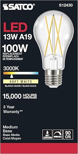 Miniatura 4 de Satco Paquete de 6 lámparas de filamento LED regulables, S12430, lúmenes altos, 12.5 vatios, A19; transparente; base media; 3000 K; 90 CRI; 120