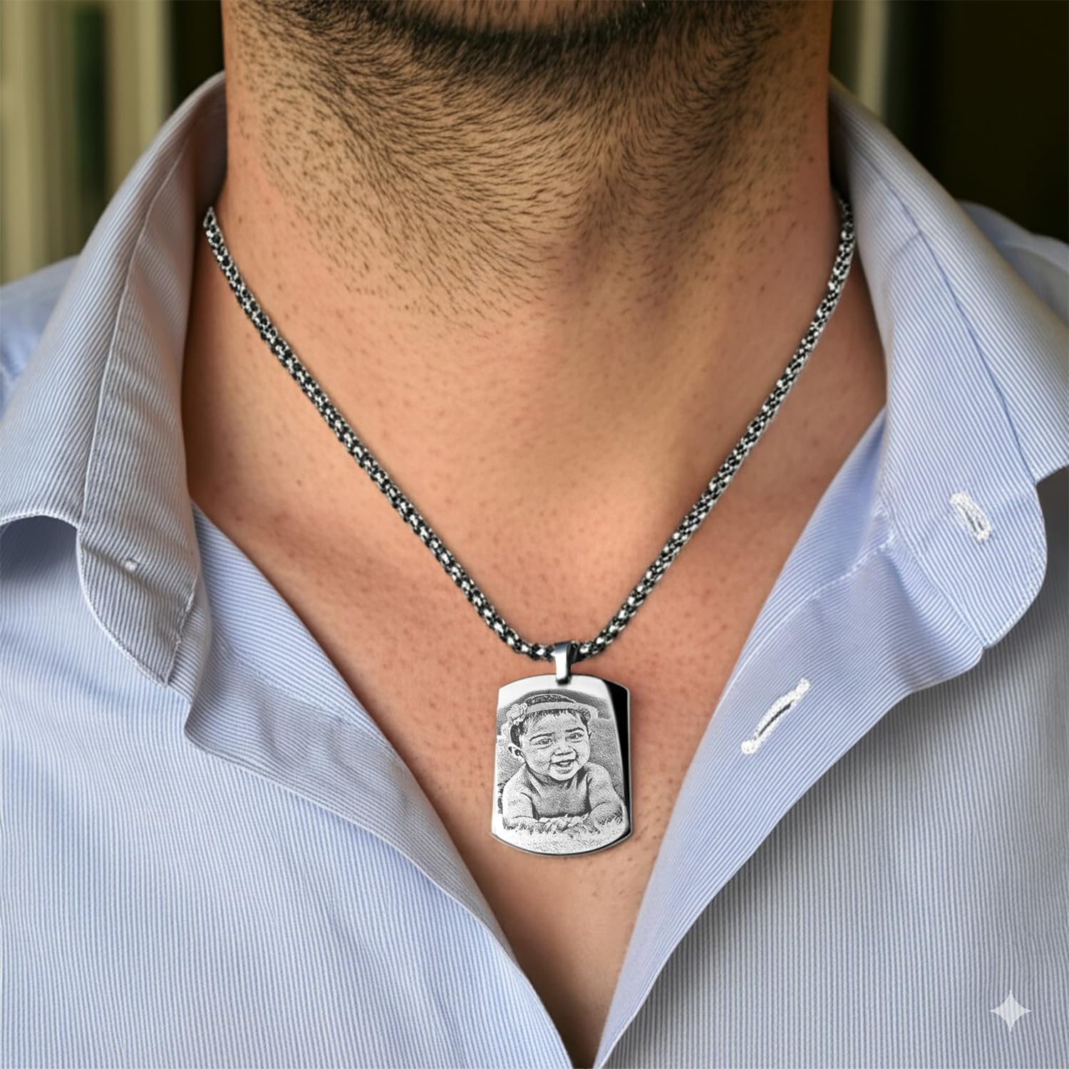 Collar con Foto Grabada | Medalla Rectangular Personalizada para Hombre o Mujer | Joya en Acero Inoxidable con Fotograbado Imagen y Texto en el Reverso