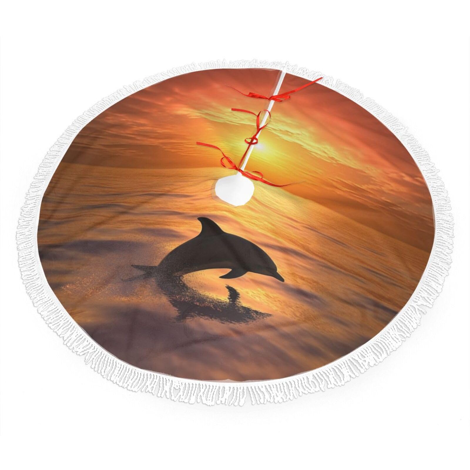 Dolphin and Sunset Christmas Tree Skirt 36", Soft Plush Xmas Tree Carpet with Tassel Christmas Ornaments Winter Holiday Tree Mat Decoration for Home Party Supplies