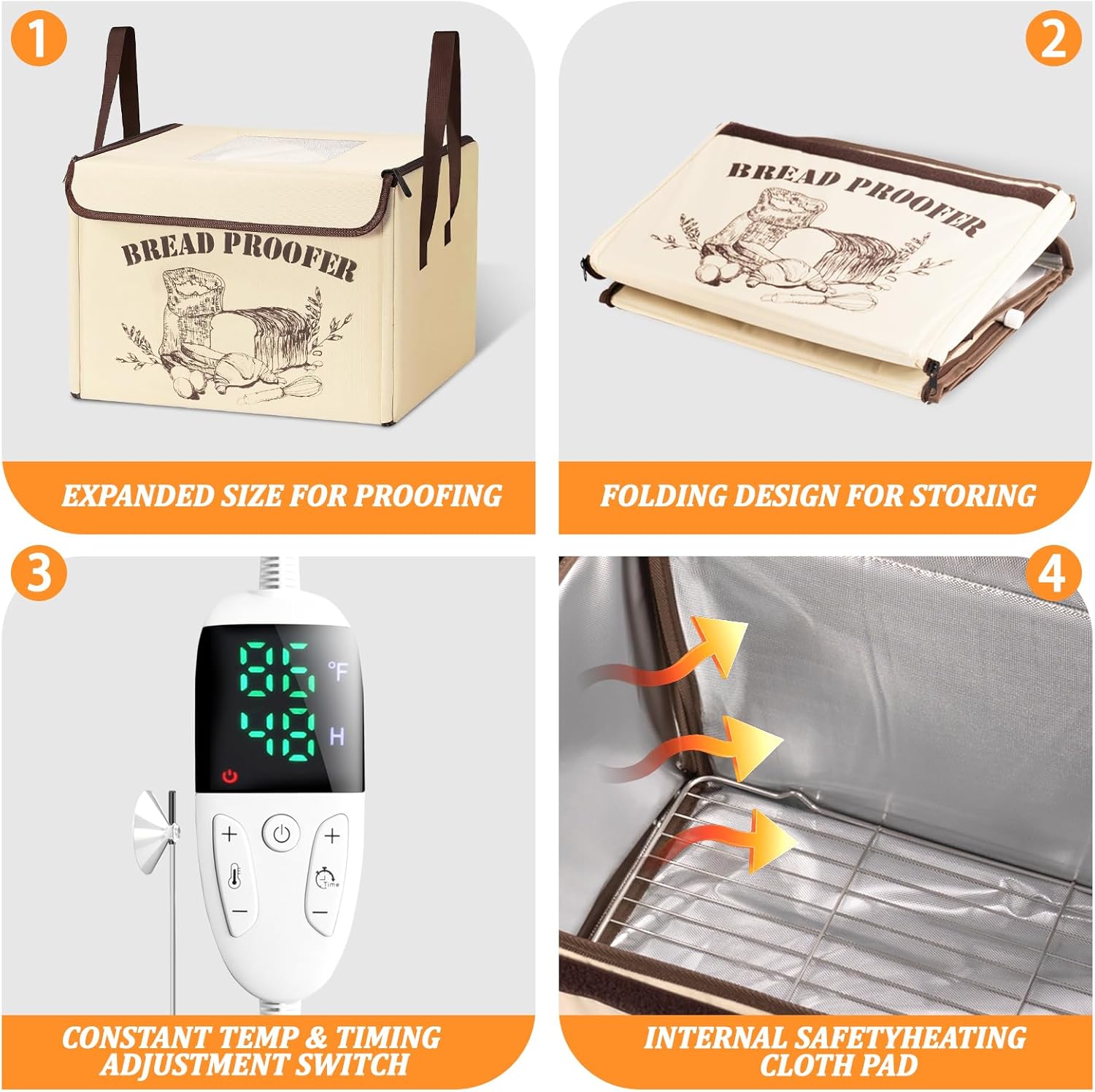 Folding Bread Proofing Box with Lid, Bread Proofer 3-Side Even Fever 50-113℉ Temp Control for Dough Yogurt Fermentation with Adjustable Temperature & Timer Contrller