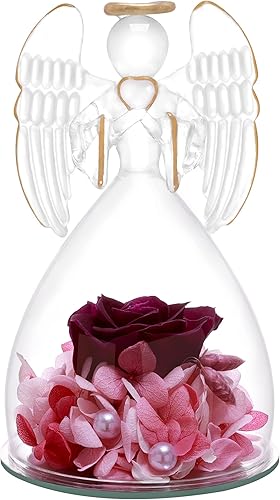 ELU Regalos de cumpleaños de ángel de cristal, flores preservadas para mujeres, mamá, abuela, esposa
