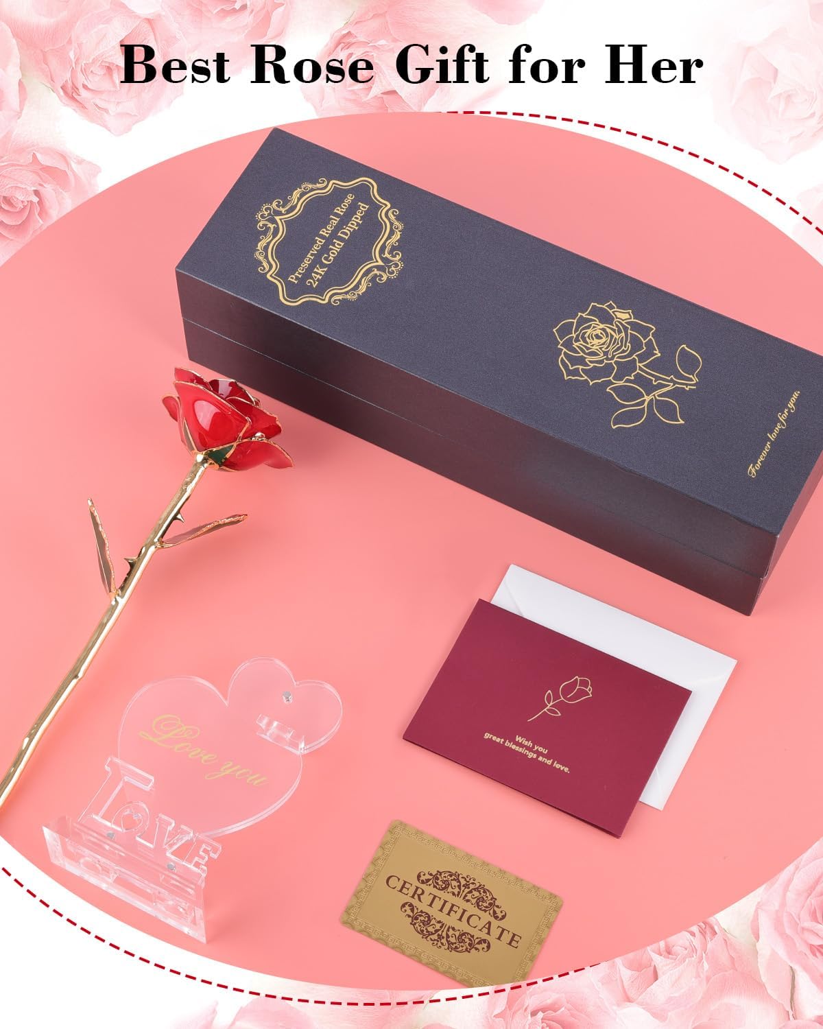 24K Gold Dipped Real Rose, Valentines Day Romantic Gift for Her, Eternal Preserved Red Forever Rose with Love Heart Stand, Anniversary Birthday Mothers Day Best Gift for Women Mom Wife Girlfriend - Image 6