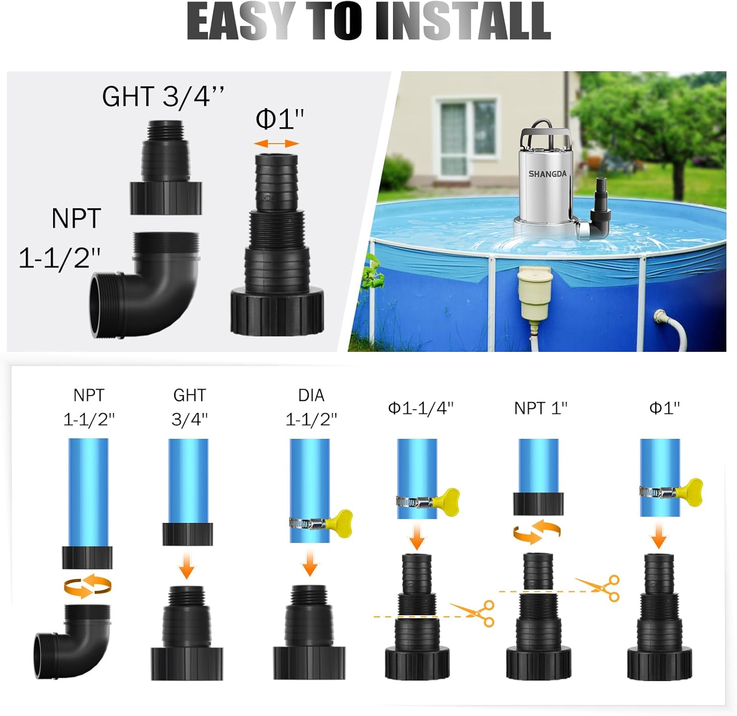 Sump Pump Submersible 1HP Dirty/Clean Water Transfer Pump 4500GPH Portable Electric Water Pump for Pool Draining Hot Tub Flooded Basement Ponds Garden Yard with Adapters
