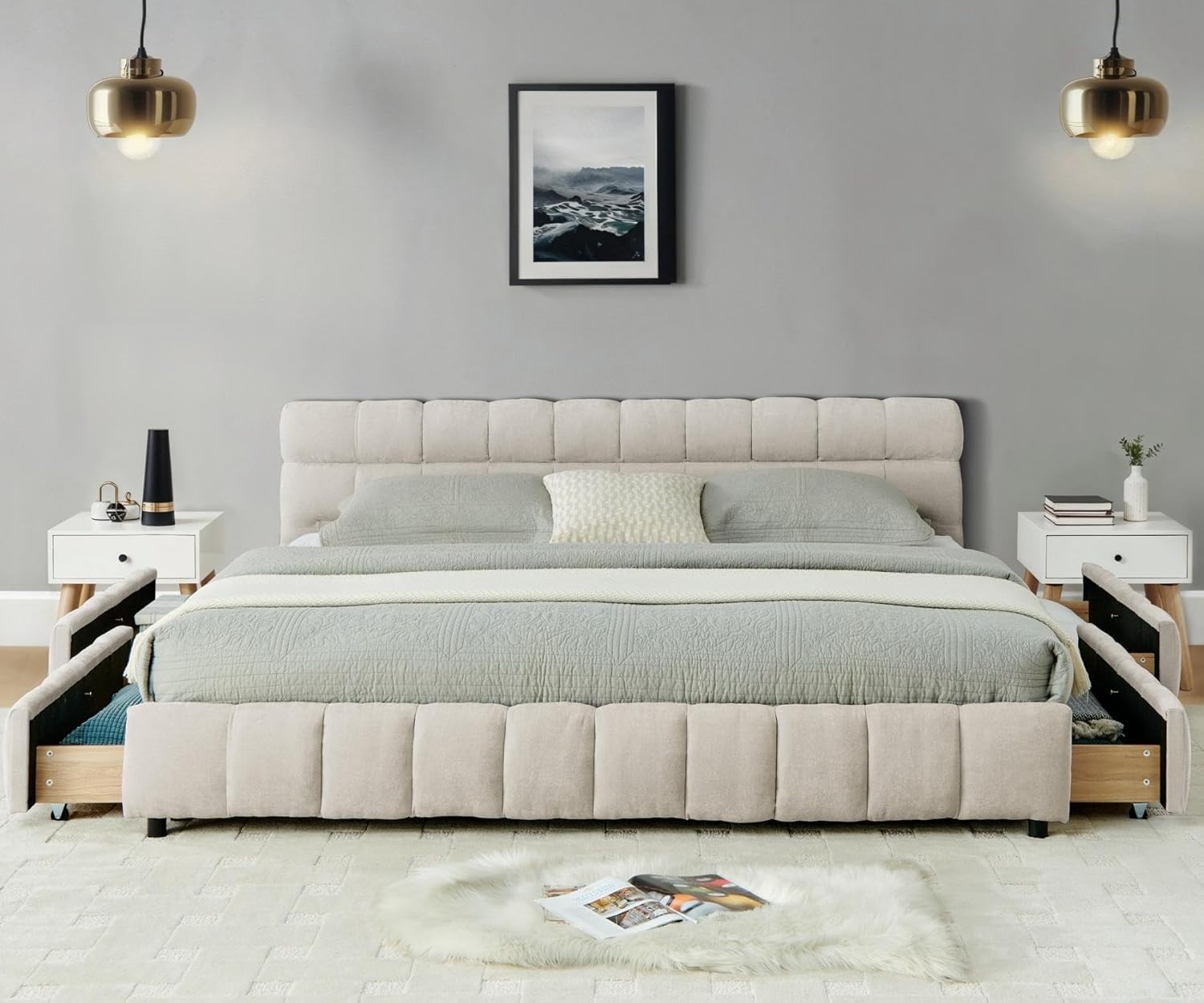 KEIKI King Thick Chenille Bed Frame with 4 Storage Drawer & Upholstered Tufted Headboard, Modern Solid Wood Floor Platform for Bedroom, No Box Spring Needed