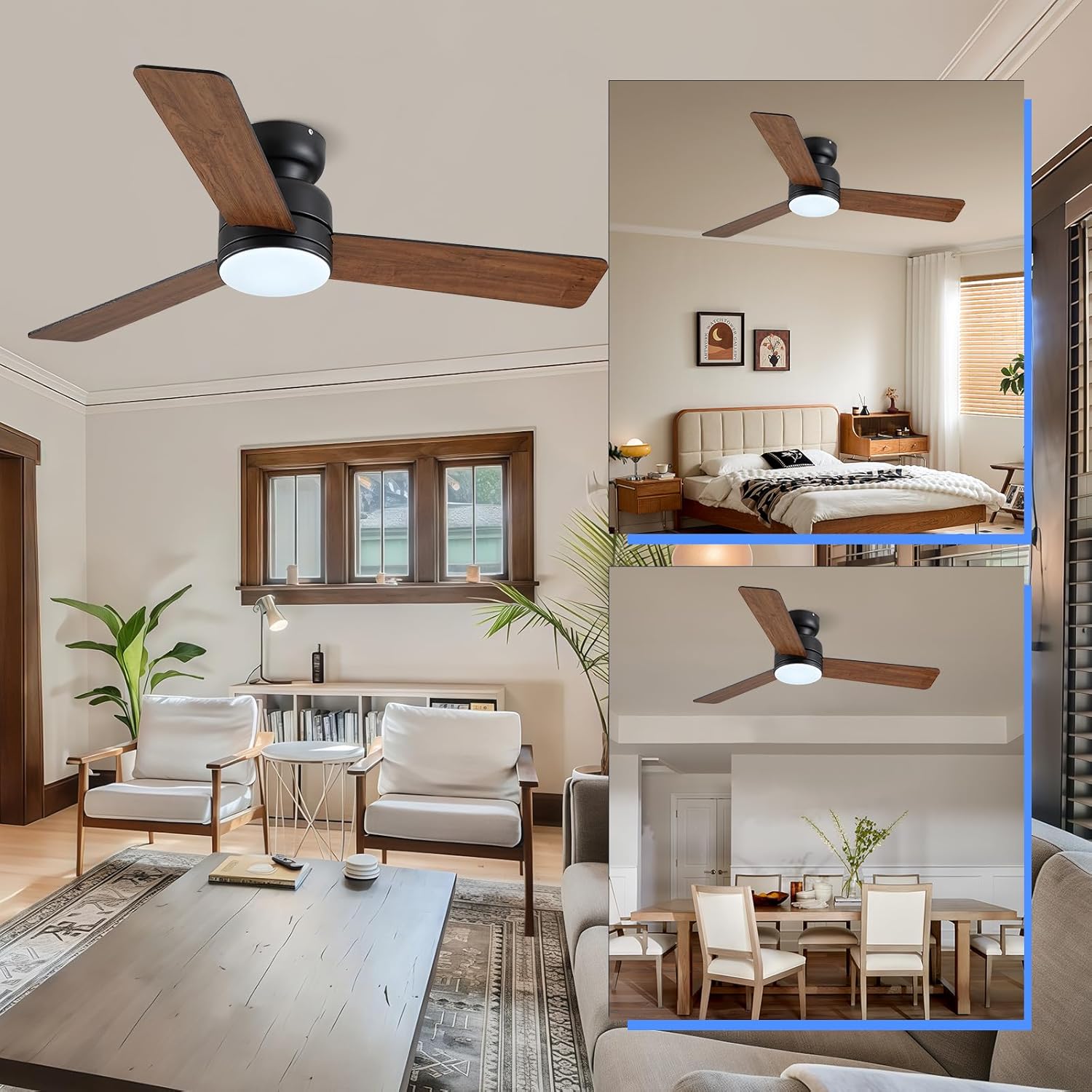 Kviflon 46 Inch Ceiling Fans with Lights and Remote/APP Control, Low Profile Ceiling Fan with Lamp, Flush Mount, 3CCT, 3 Reversible Blades 6 Speeds, Double Sided Fans for Bedroom, Brown+Black