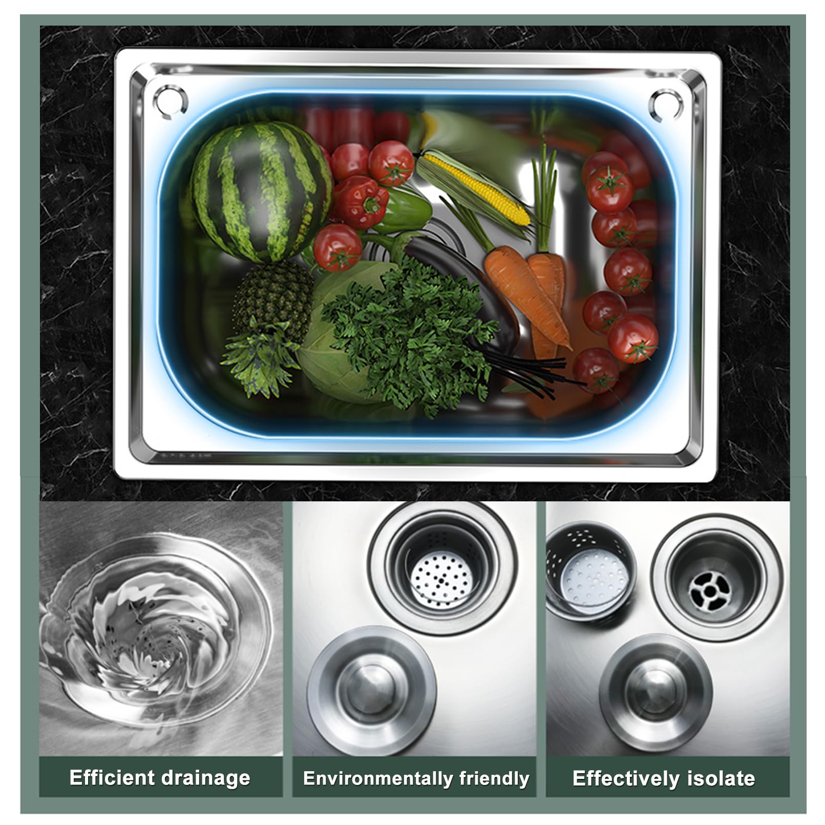Lavello da Cucina,lavello Cucina in Acciaio Inox per Uso Domestico,1 Vasca,lavabo Commerciale Incasso con Rubinetto Acqua Calda e Fredda,Facile Pulire