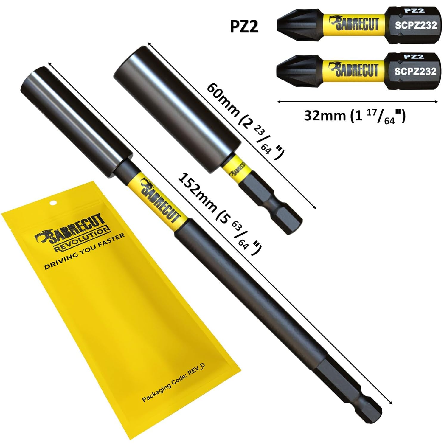 4 Piece SabreCut SCRK1 Magnetic 60mm and 152mm Professional Impact Bit Holders with 2 x 32mm PZ2 Screwdriver Impact Bits Compatible with Dewalt Milwaukee Makita Bosch and Others