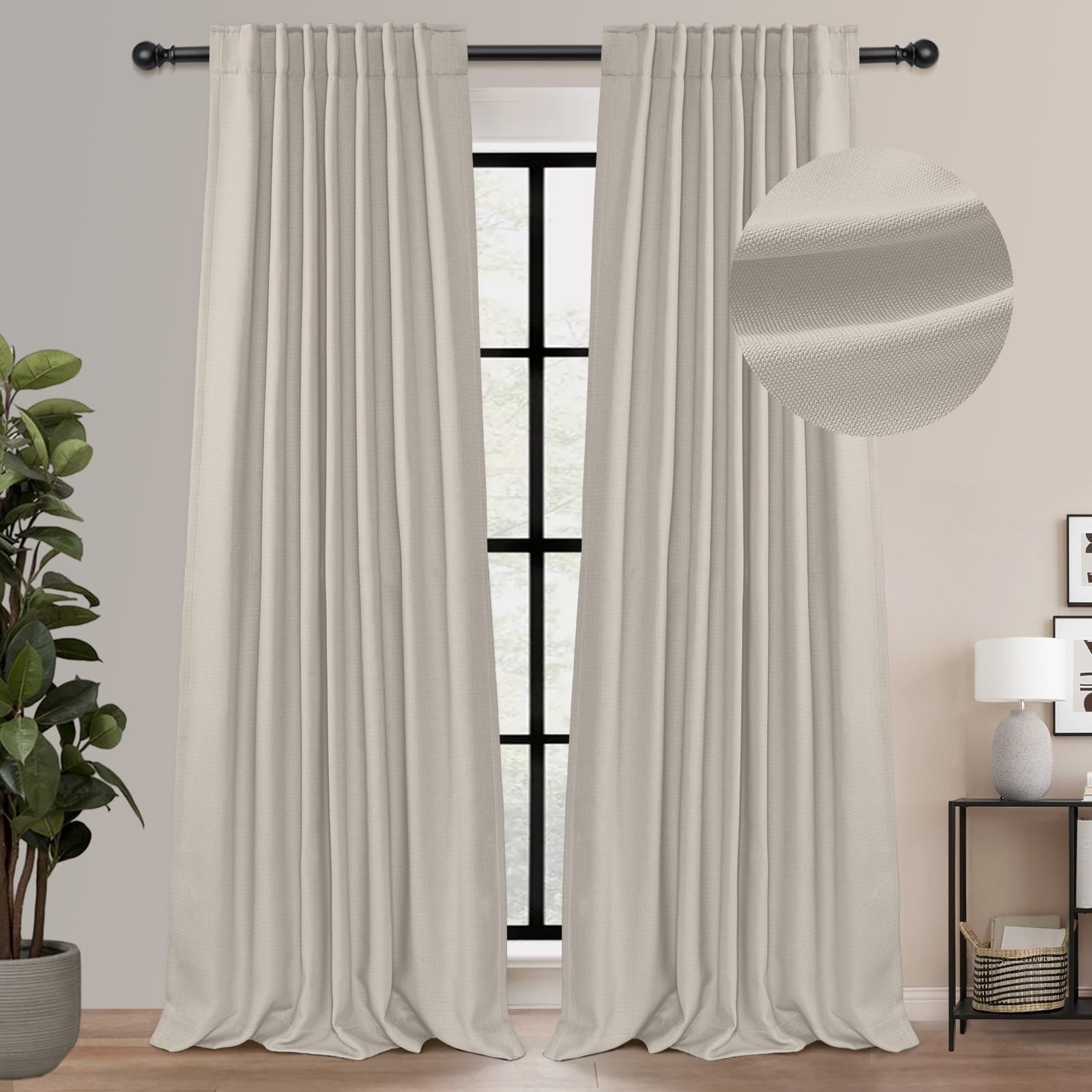 100% Blackout Shield Faux Linen Blackout Curtains for Bedroom, Black Out Curtains 84 Inch Long,Room Darkening Drapes with Back Tab/Rod Pocket for Living Room, 2 Panels Set 50" W x 84" L,Thatched Tan