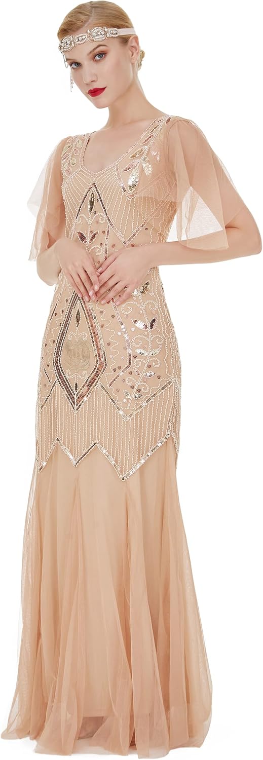 1920s Art Deco Sequin Maxi Dress, Vintage Flapper Gatsby Style, V-Neck with Tulle Sleeves, Long Evening Formal Gown