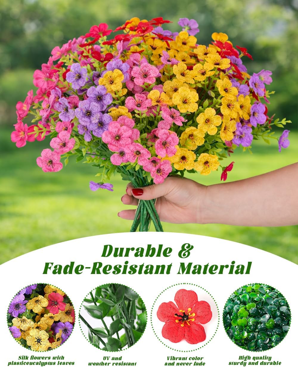 TDHDIKE Artificial Faux Fake Hanging Flowers Plants Basket for Summer Outdoor Outside Decoration UV Resistant Fake Silk Colorful Daisy Eucalyptus for Porch Patio Balcony Yard Garden Home Decor