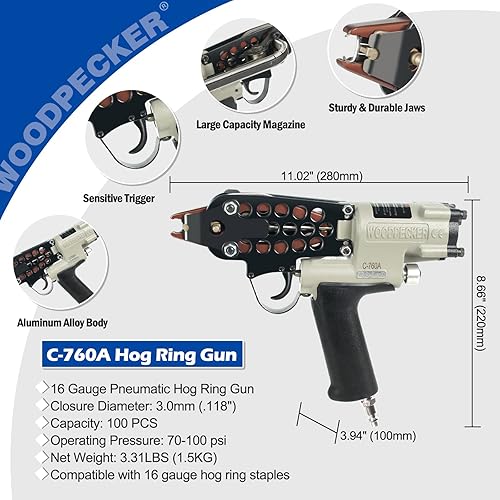 Miniatura 7 de WOODPECKER C-760A - Pistola neumática de anillo de cerdo de calibre 16, diámetro de cierre de 0.118 in a 0.157 in, grapas de anillo de cerdo corona