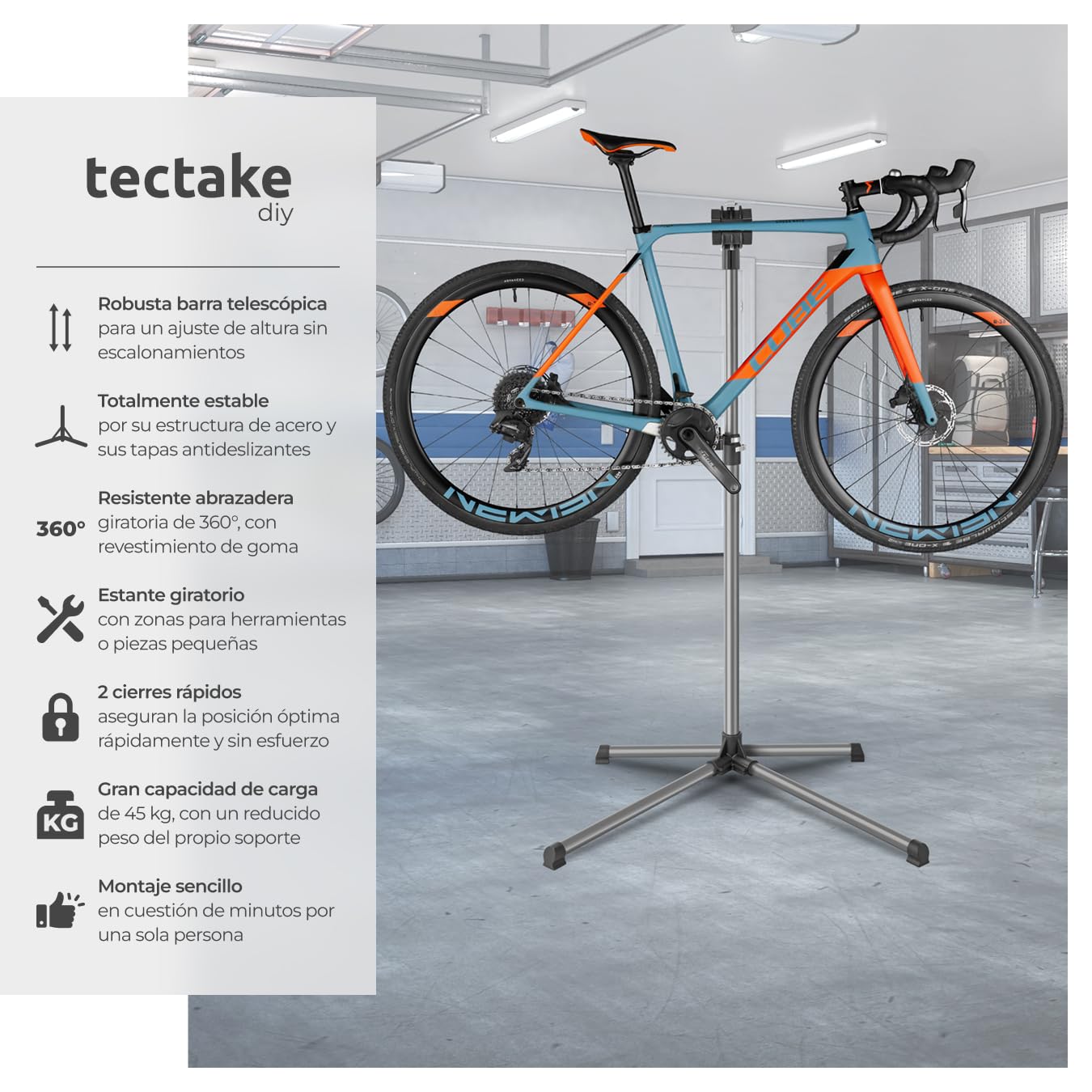 tectake® Soporte Bicicleta Suelo, Ajustable en Altura, Giratorio 360º, Soporte Bici Plegable con Bandeja, Herramientas Bicicleta Montaña o Carretera, Fácil Montaje, Firme y Estable, Carga máxima 45 kg