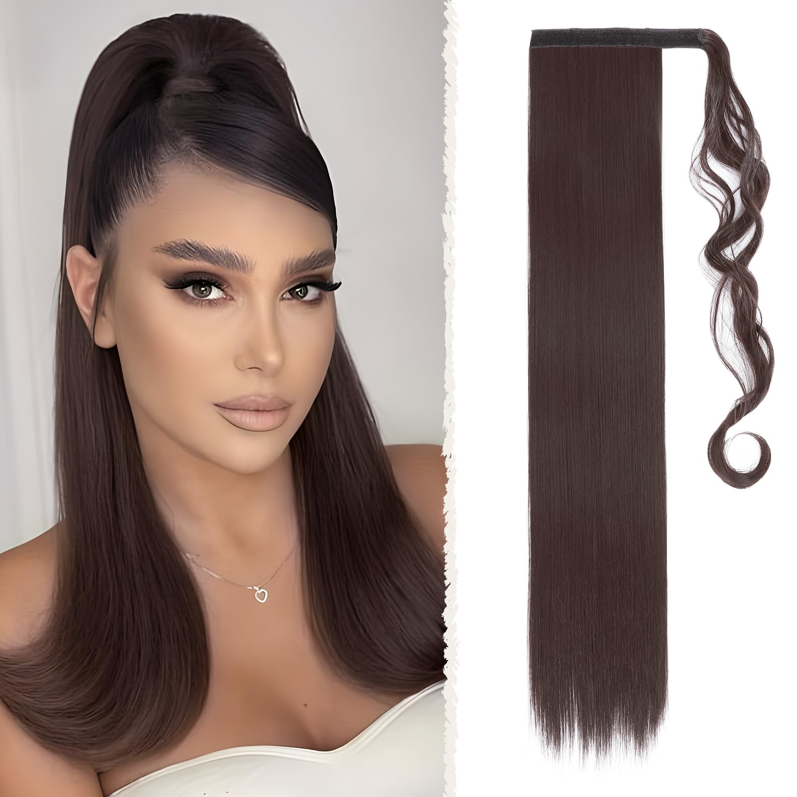 Benehair Straight Ponytail Extension 26 Inches Long Wrap Around Drawstring Ponytail Synthetic Hair Extension Ponytail Hairpieces Black Hair Pieces for Women(Brown