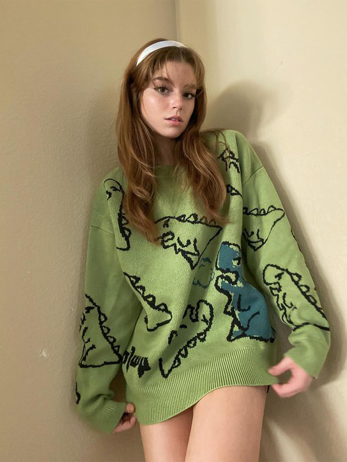 Aelfric Eden Herren Pullover Damen Strickpullover Oversize Cartoon Pulli Y2K Dinosaurier Sweater Langarm Winterpullover