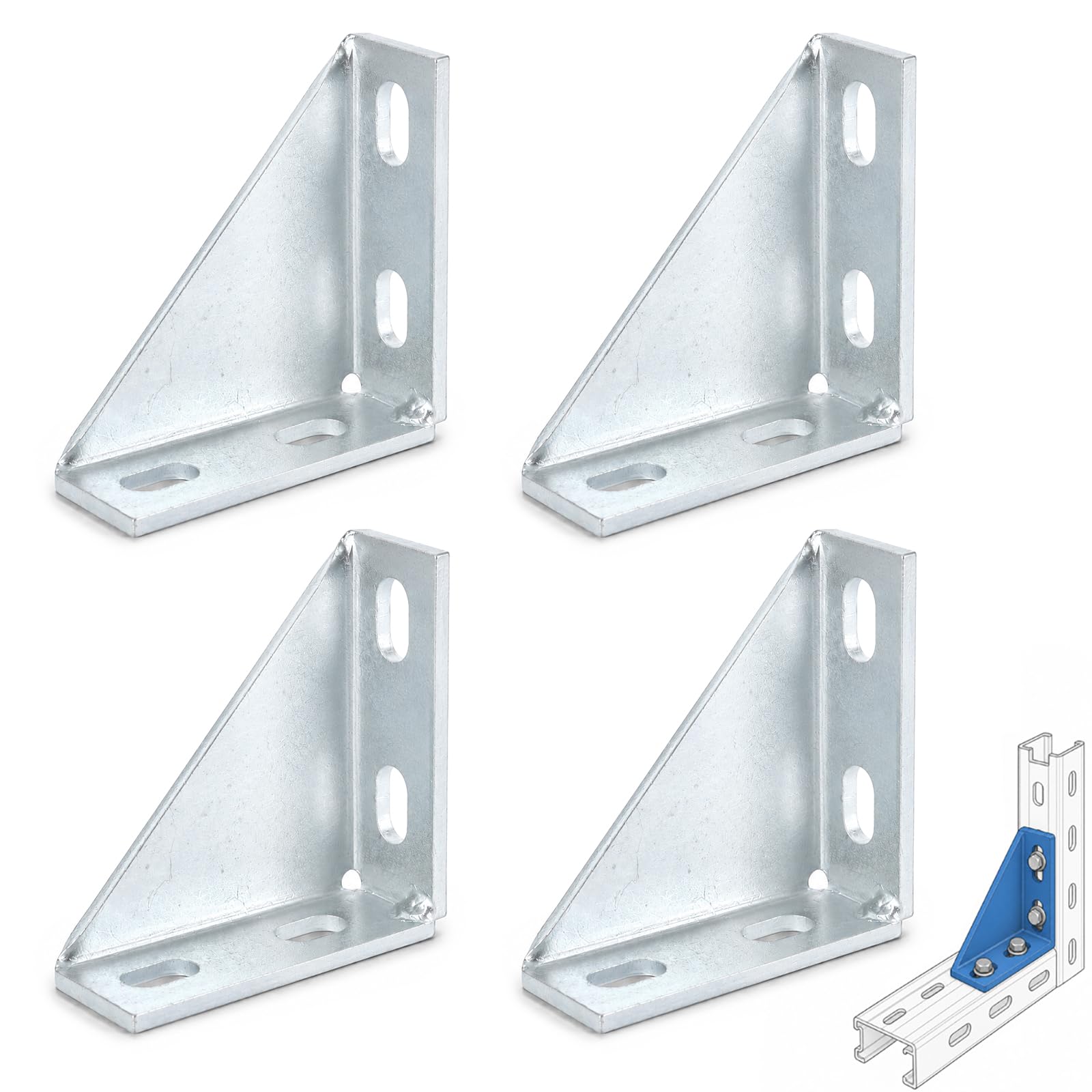 Photo 1 of 4 Pack 90 Degree Gusseted Fitting for 1-5/8" Strut Channel – Heavy Duty 4 Hole Corner Bracket, 3/16" Thick Carbon Steel, Electrogalvanized Angle Connector for Structural Support, Racking & Framing