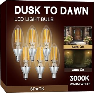 UNILAMP Dusk to Dawn LED Outdoor Light Bulb, Candelabra Light Bulbs Outdoor, 5W Equivalent 40W, 3000K Warm White, 500LM, Edison E12 Base B11, Photocell Sensor for Porch Sconces Patio Garage, 6 Pack