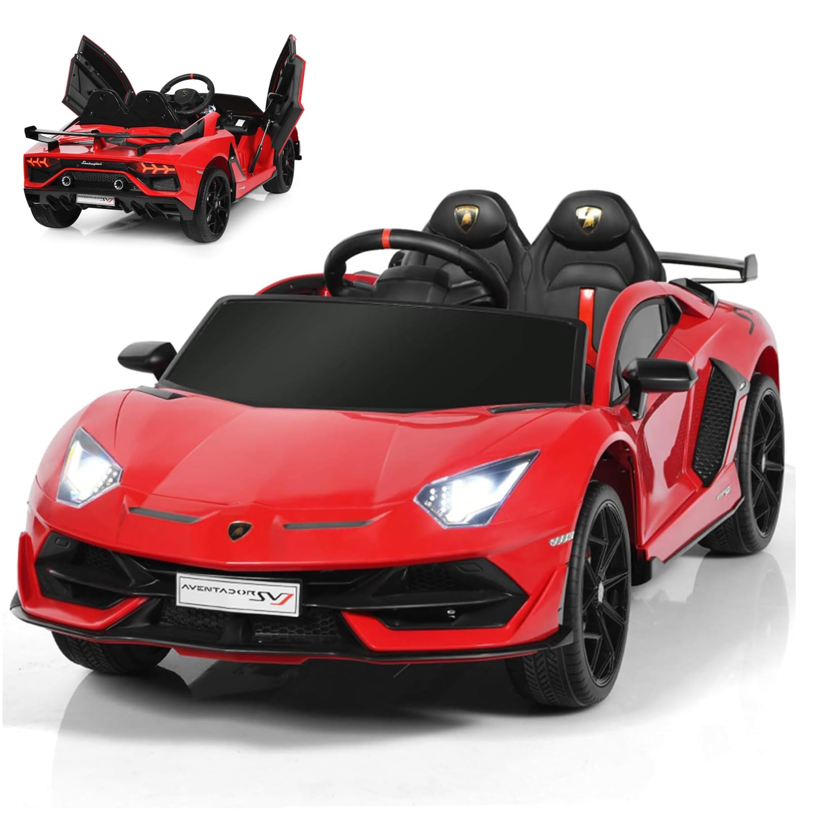 COSTWAY12V Kids Electric Ride on Car with Remote Control, LED Lights, Horn, Music, Spring Suspension, Licensed Lamborghini Battery Powered Toy Vehicle for Boys and Girls (Red)