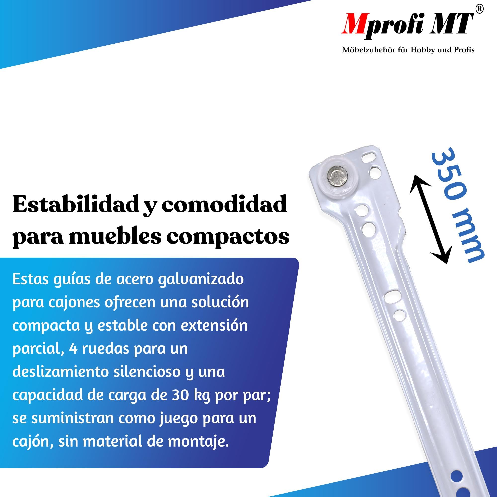 Mprofi MT® 20 Piezas, 10 Pares | Guías para Cajones | L:350mm | Correderas de Cajón | Extracción de Cajones | Rieles para Cajones | Guía de Bolas | Extracción Parcial
