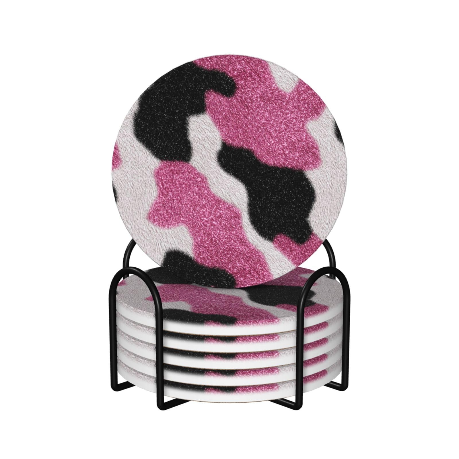 Pink Glitter Cowhide Texture Black White Ceramic Coasters with Holder 6ps