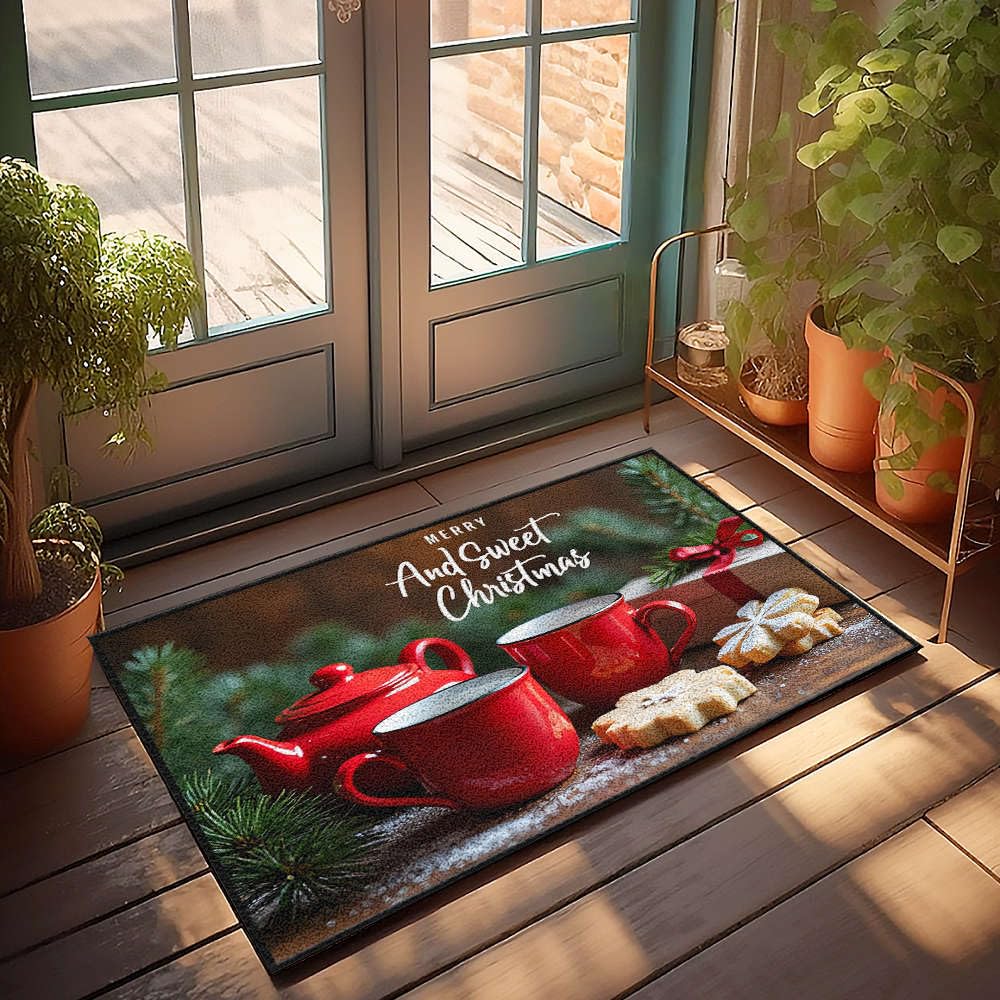 Tapis d'automne et d'extérieur Merry Christmas Tea Time : paillasson grand format