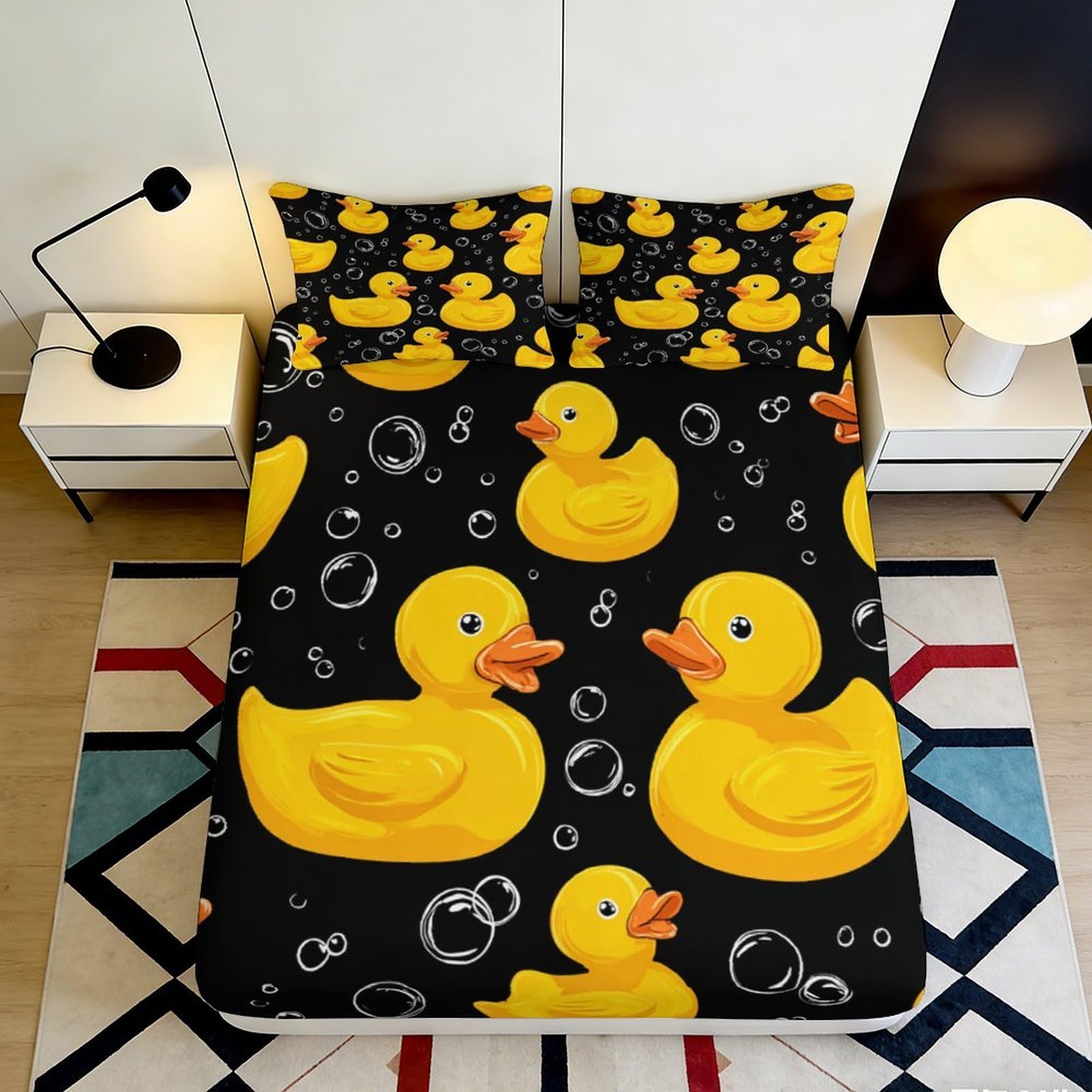3D Printed Yellow Rubber Duck Fitted Sheet Microfiber Soft Black Bubble Mattress Cover for Bedroom Dorm Decor 120x200x25cm