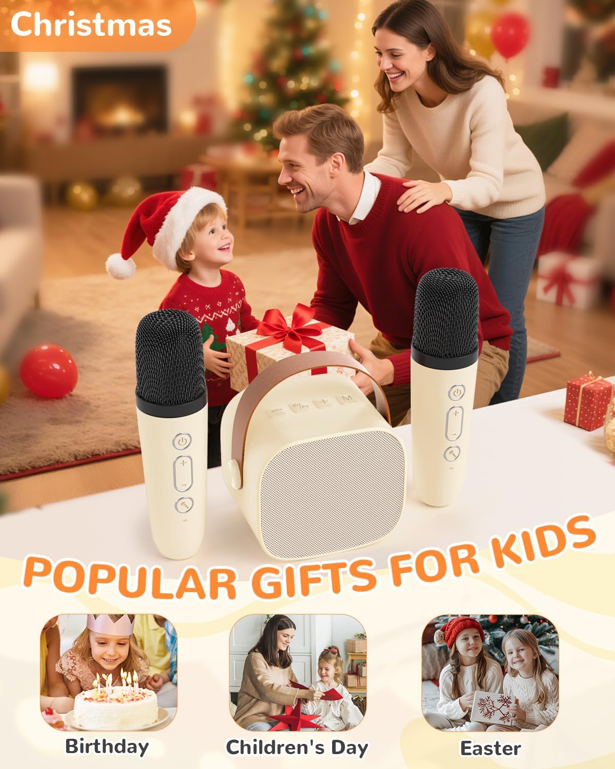 Mini Karaoke Machine for Kids Gifts for Girls Boys with 2 Wireless Microphones,4 Magic Voices,Portable Design for Indoor Outdoor Party Singing Fun,Birthday Christmas Toys for Children 3-12 Beige - Image 9