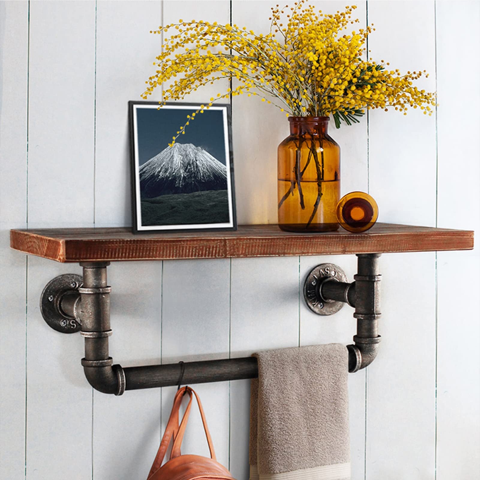 Mensola A Soffitto Scaffali sospesi rustici, portaoggetti da parete in legno, con portasciugamani da bagno/appendiabiti - per ingresso, camera da letto, soggiorno, cucina, lavanderia decorativa ( Size