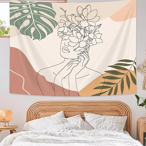 SAOLUIS Tapiz de pared de línea bohemia, líneas minimalistas, decoración artística abstracta para mujer, moderno abstracto con cara de mujer, tapiz