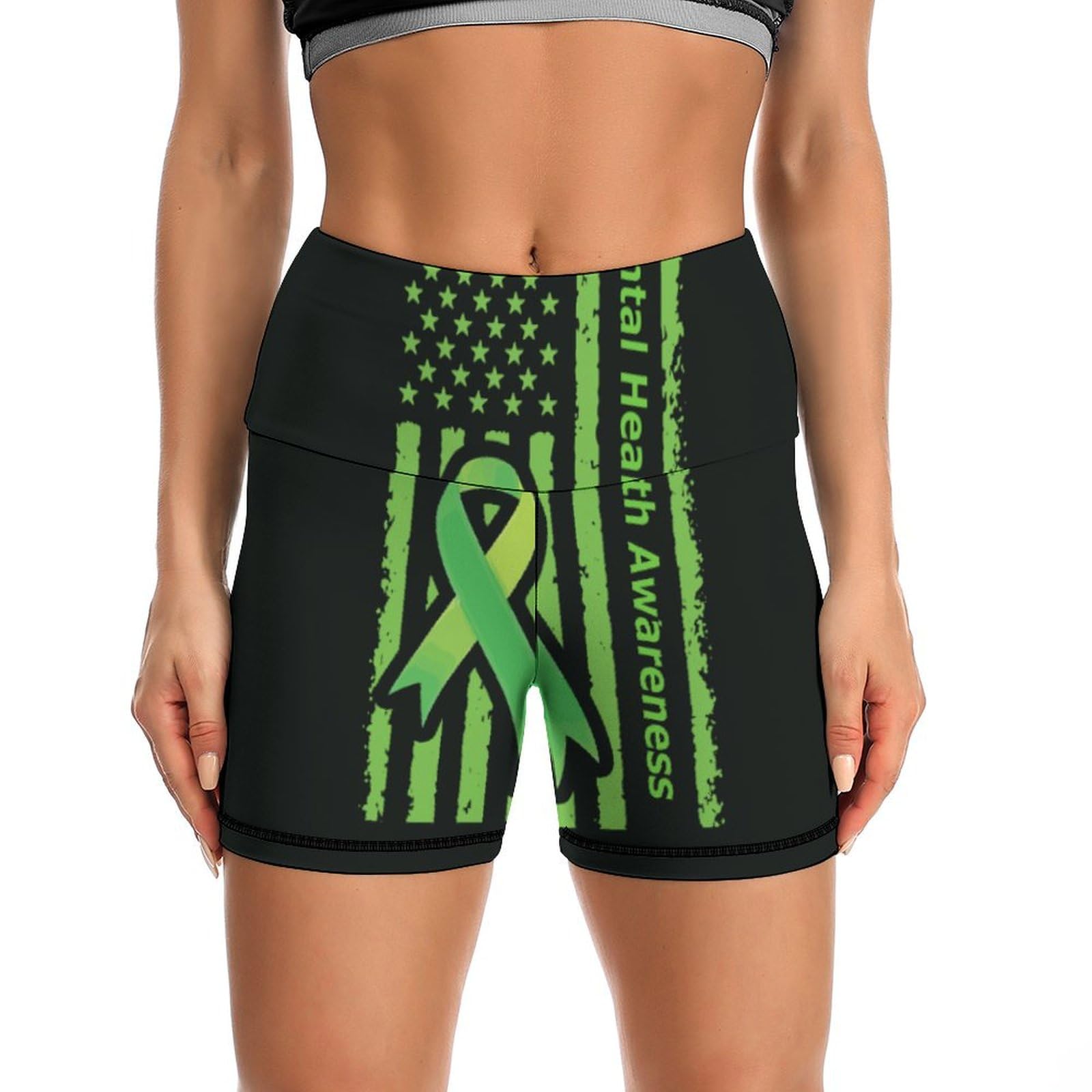 JYYAU Mental Health Awareness Month 2022 High Waist Yoga Shorts for Women Athletic Shorts Leggings Running Pants Black