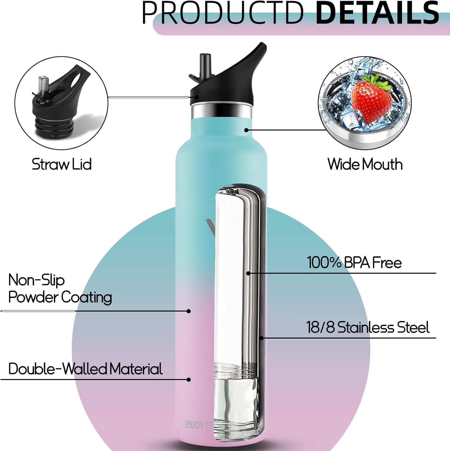 Stainless Steel Drinking Bottle, 1 Litre, Water Bottle with Straw, BPA-Free, Sports Water Bottle, Insulated Flask, Double-Walled, Leak-Proof, Thermos Flask for Hiking, Tra