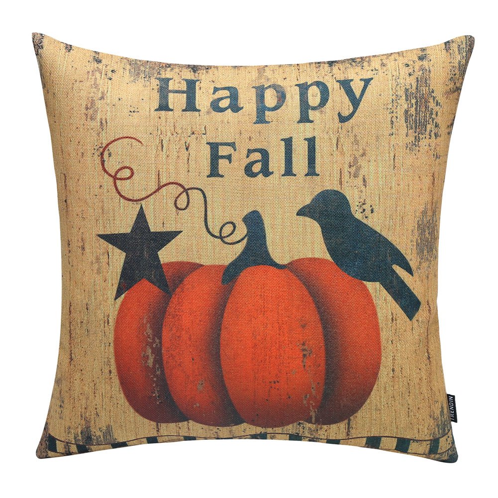 TRENDIN 18" X 18" Vintage Happy Fall Pumpkin Black Bird Cotton Linen Pillow Case Cushion Cover (PL037TR)
