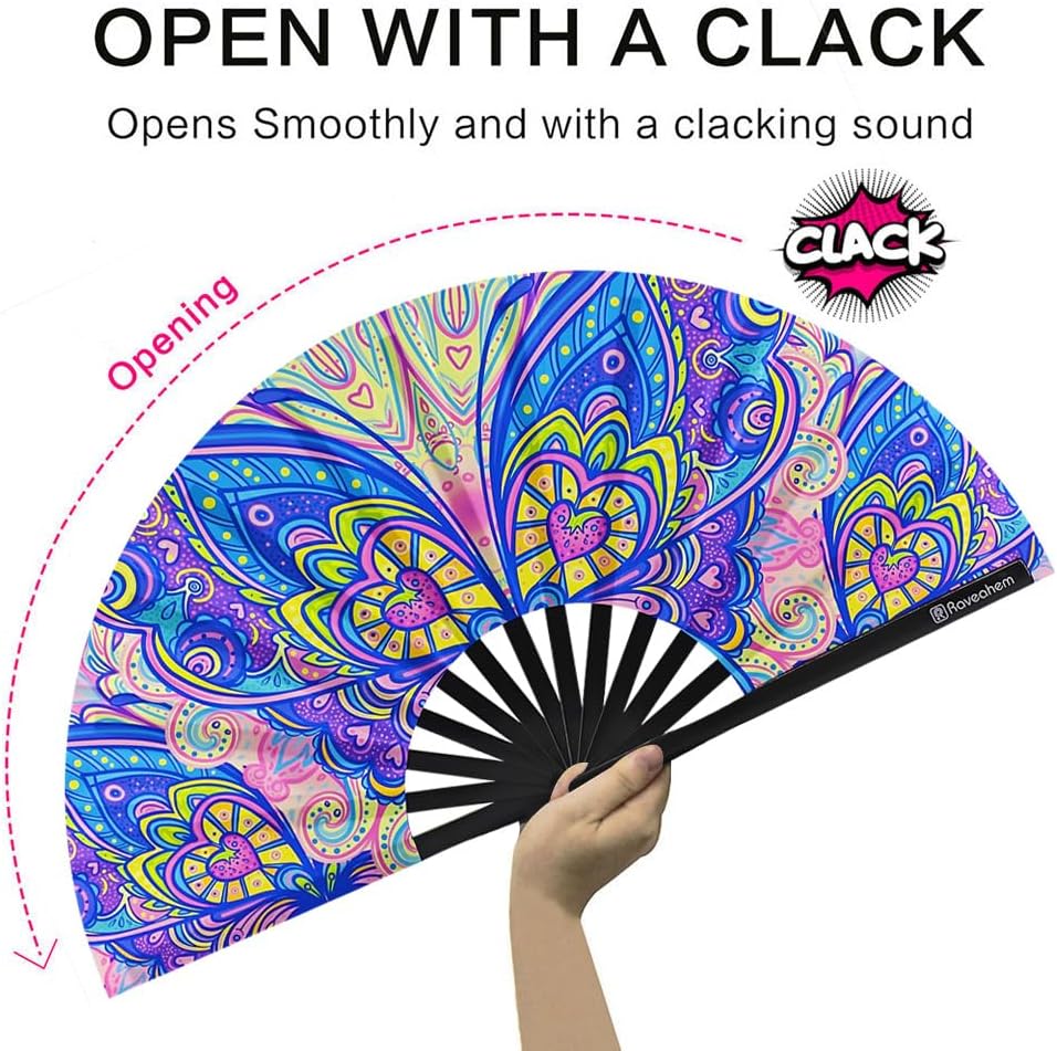 Large Folding Fan, 13 Inch Clack Rave Fan Hand Held Fan for Women Men with Premium Satin Fabric, Thick Bamboo Frame for EDM, Music Festival, Party, Dance, Decoration, Gift (Butter Mandala) image 3