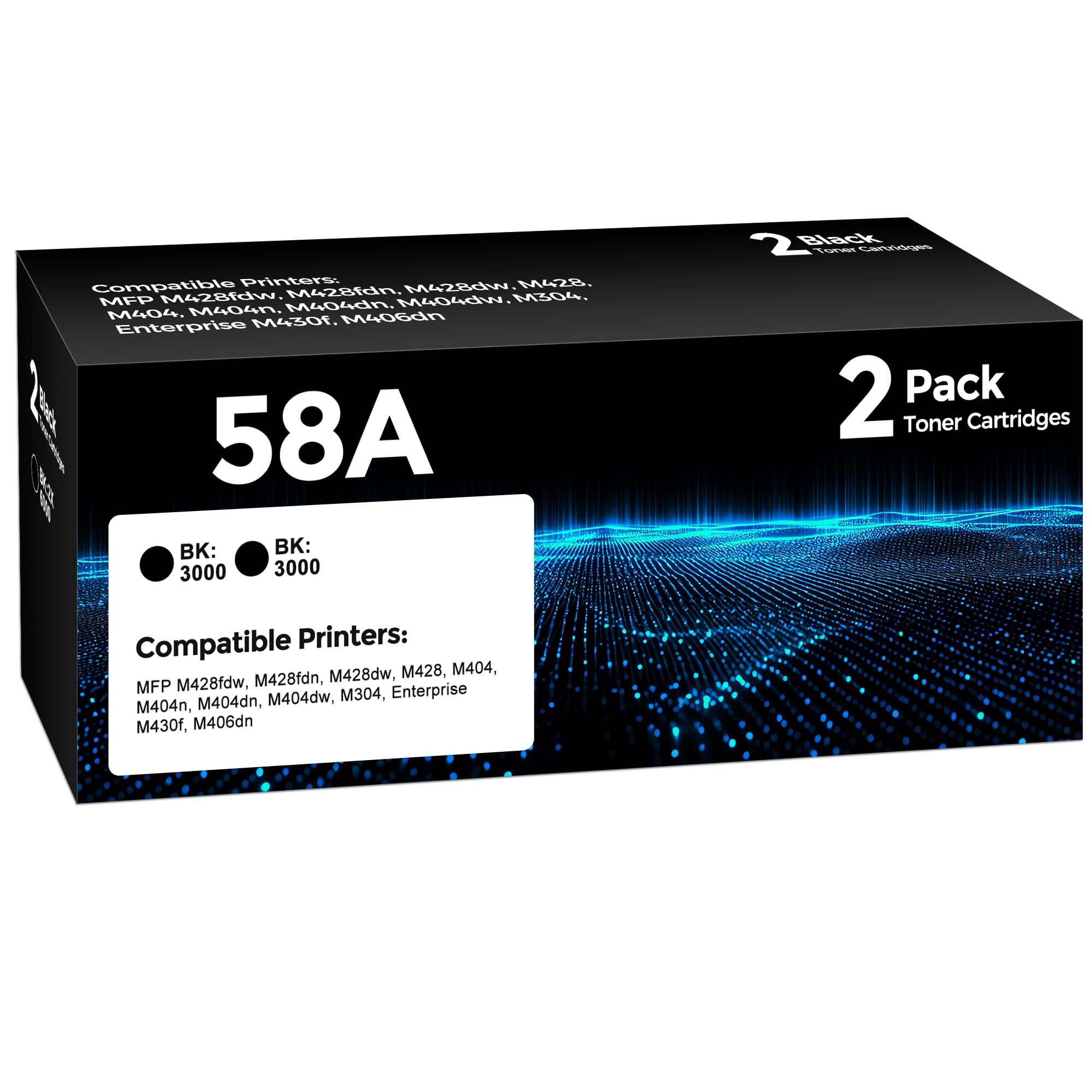 58A 토너 카트리지 블랙 HP 58A 58X CF258A CF258X 대용량 토너 교체품, Laser Jet Pro M404dw M406dn M404dn M404n MFP M430f M428fdn (2 블랙)