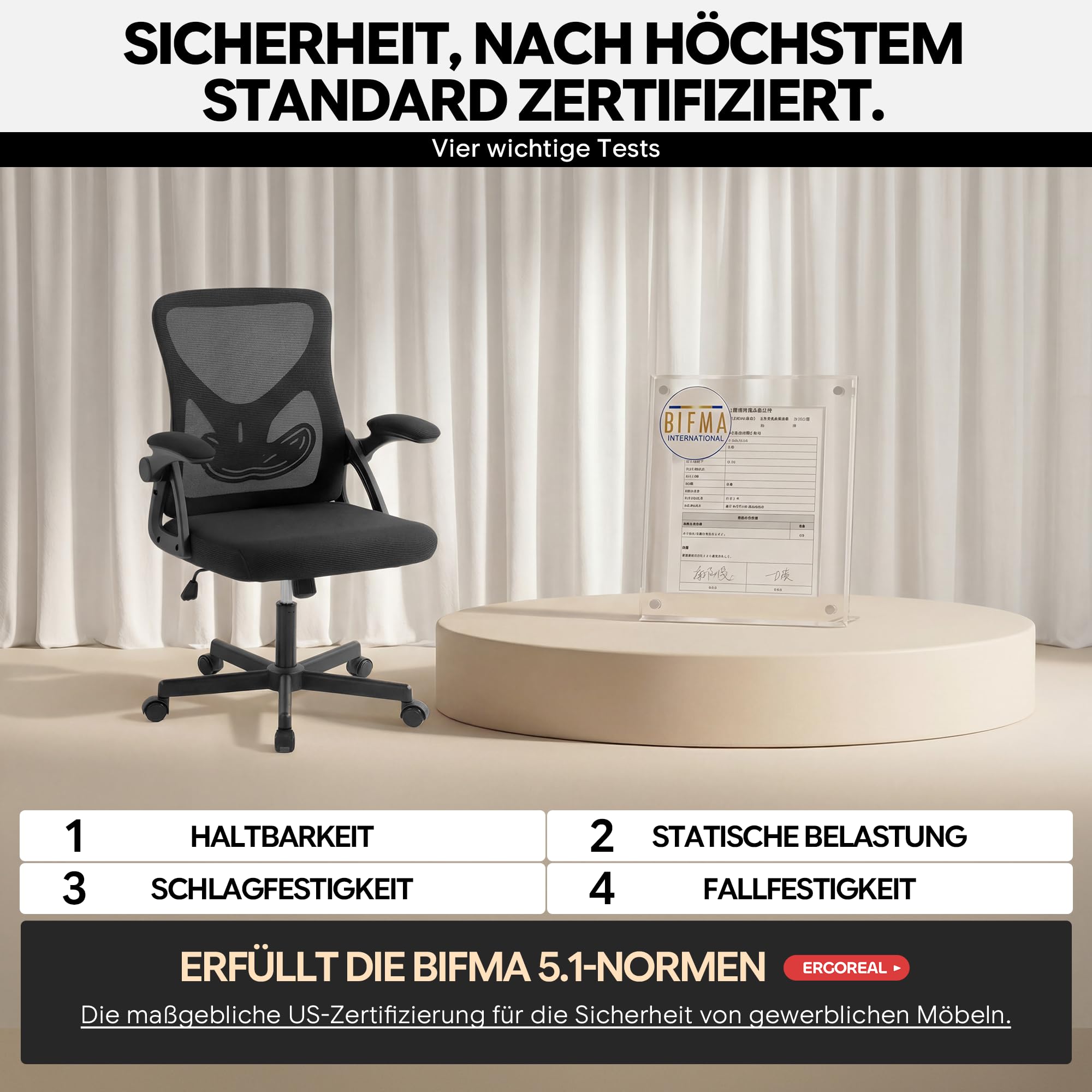 Bürostuhl ergonomisch – Schreibtischstuhl Netz, Lendenstütze 150kg | Klappbare Armlehnen, verstellbare Lendenstütze, 90-110° Rückenlehne, höhenverstellbar, leise Rollen, Homeoffice & Büro