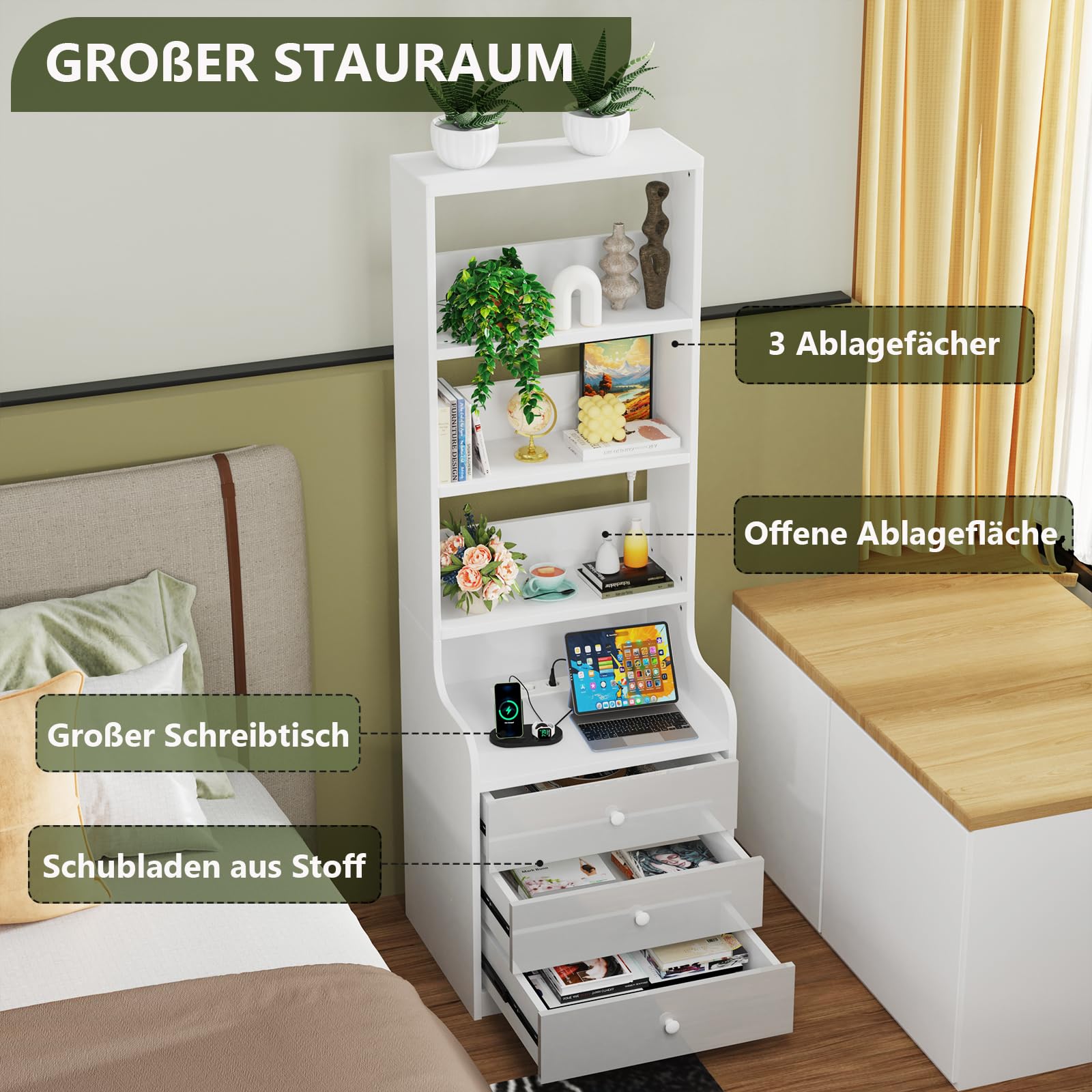 Nachttisch mit Steckdosen Nachttisch Weiße Schminktisch mit Aufbewahrungsschränken Make up Organizer Kommode Beistelltisch mit Fächern