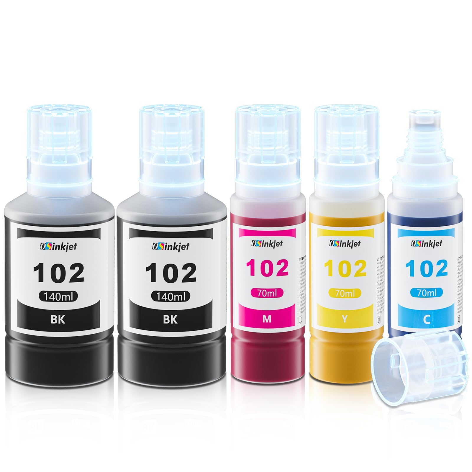 Osinkjet Tinte 102 Multipack Kompatibel für Epson Ecotank ET-2850 ET-4750 ET-4850 ET-2750 ET-3750 ET-3850 ET-4856 ET-15000 ET-2700 ET-3700, Druckerpatronen 102 (2Schwarz, C, M, Gelb)