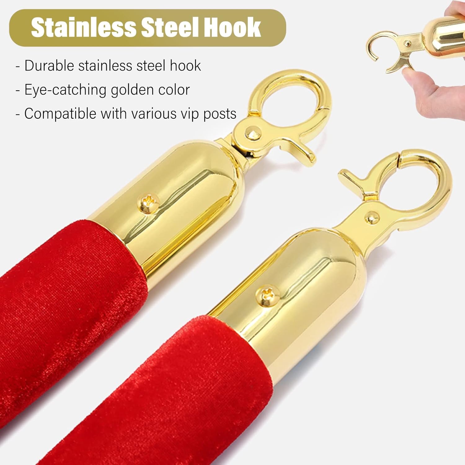 Premium Velvet Queue Barrier Rope with Gold Hooks – Elegant Stanchion for Crowd Control, Events, Red Carpet, Outdoor Use, VIP Access, Stylish Event Decor