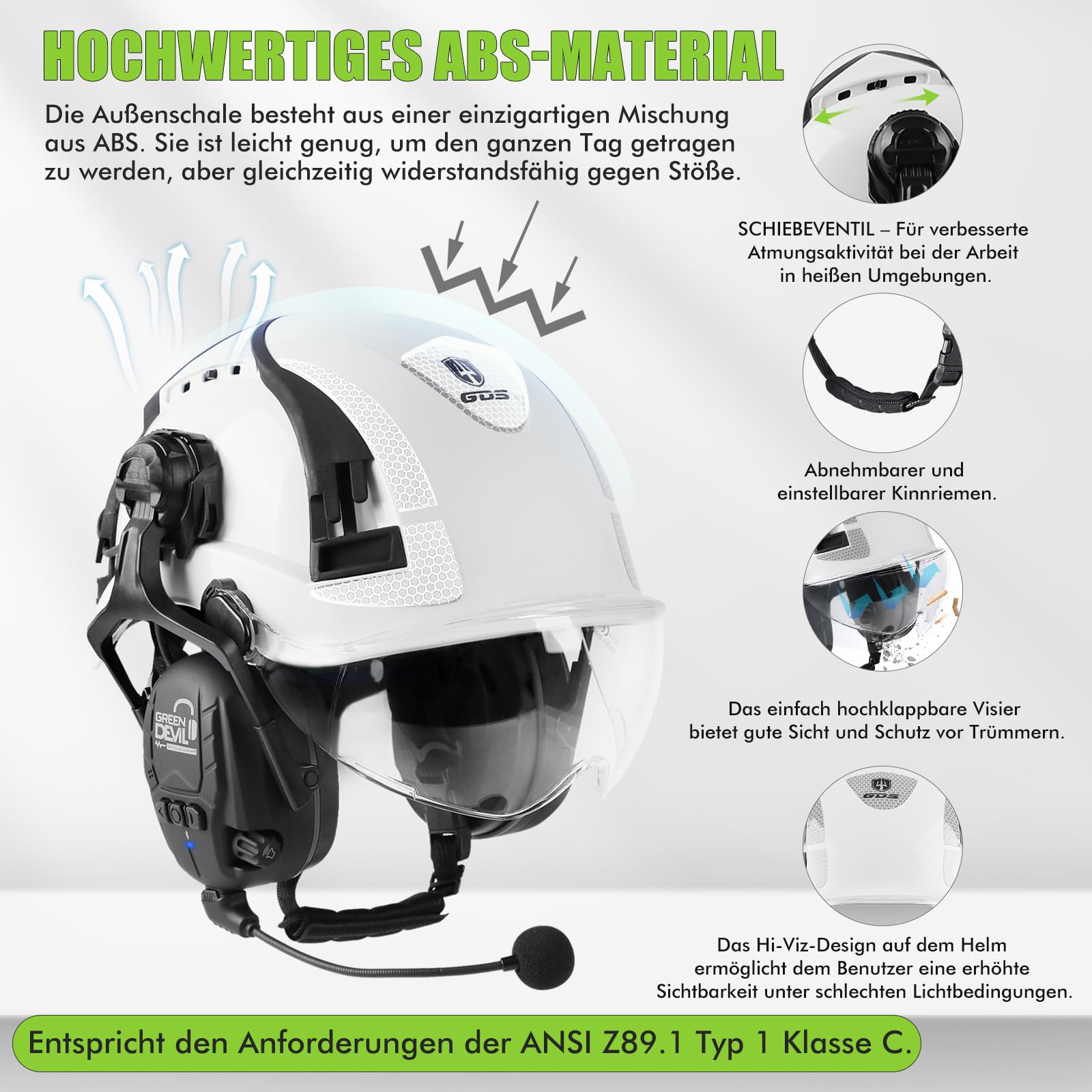 GREEN DEVIL X-Armor Casco protettivo con protezione dell'udito attiva e visiera trasparente, casco da lavoro, casco di sicurezza ABS EN 397, casco industriale conforme alla norma EN352, SNR 32 dB con